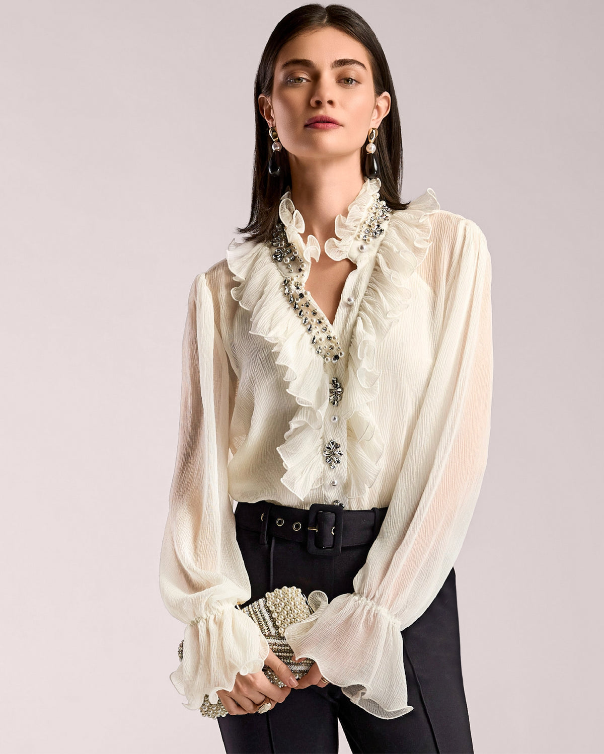 Embellished Novelty Ruffle Blouse Off White