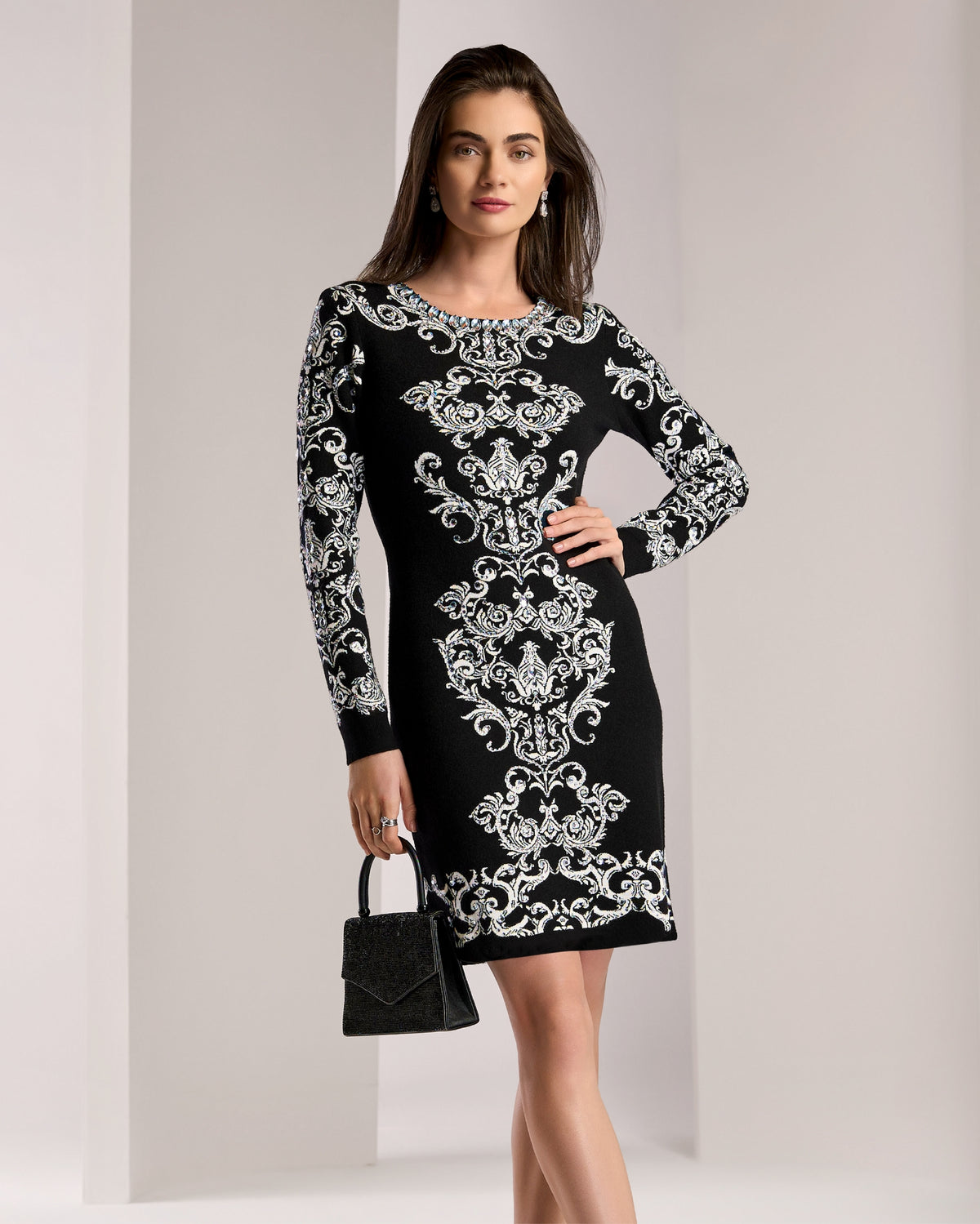 Scroll Intarsia Sweater Dress Black/White