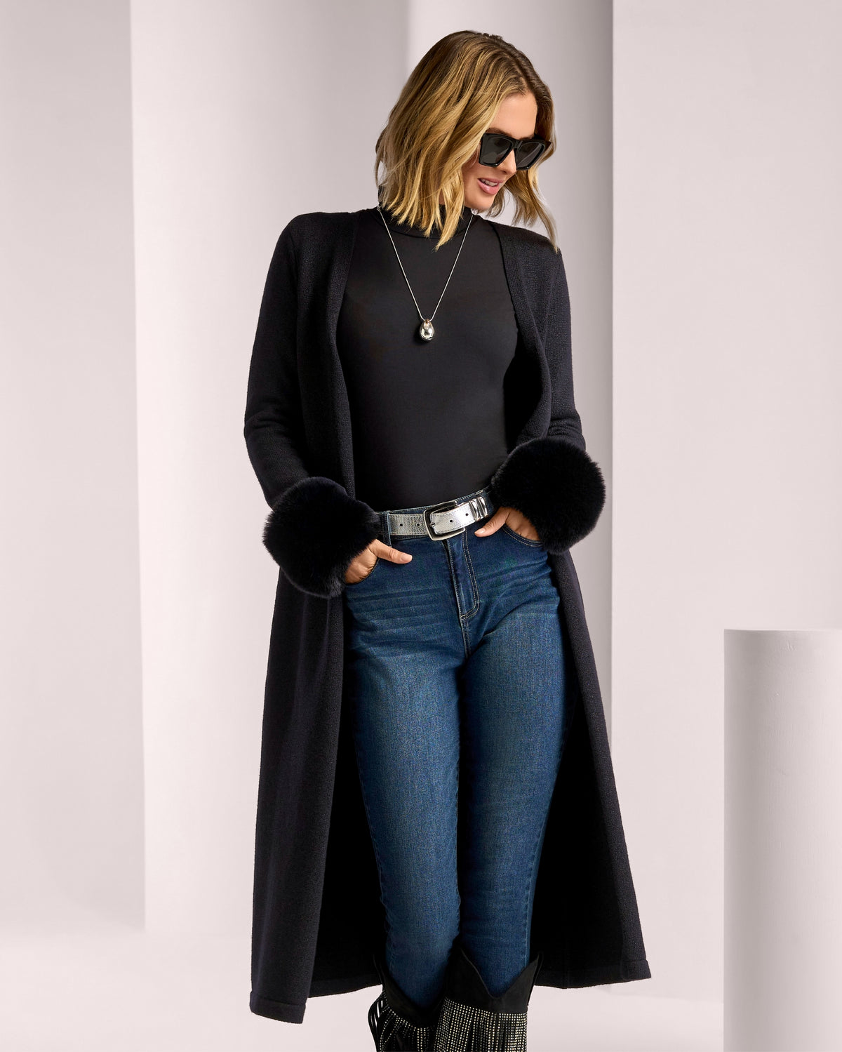 Faux Fur Trimmed Cuff Shimmer Sweater Duster Black