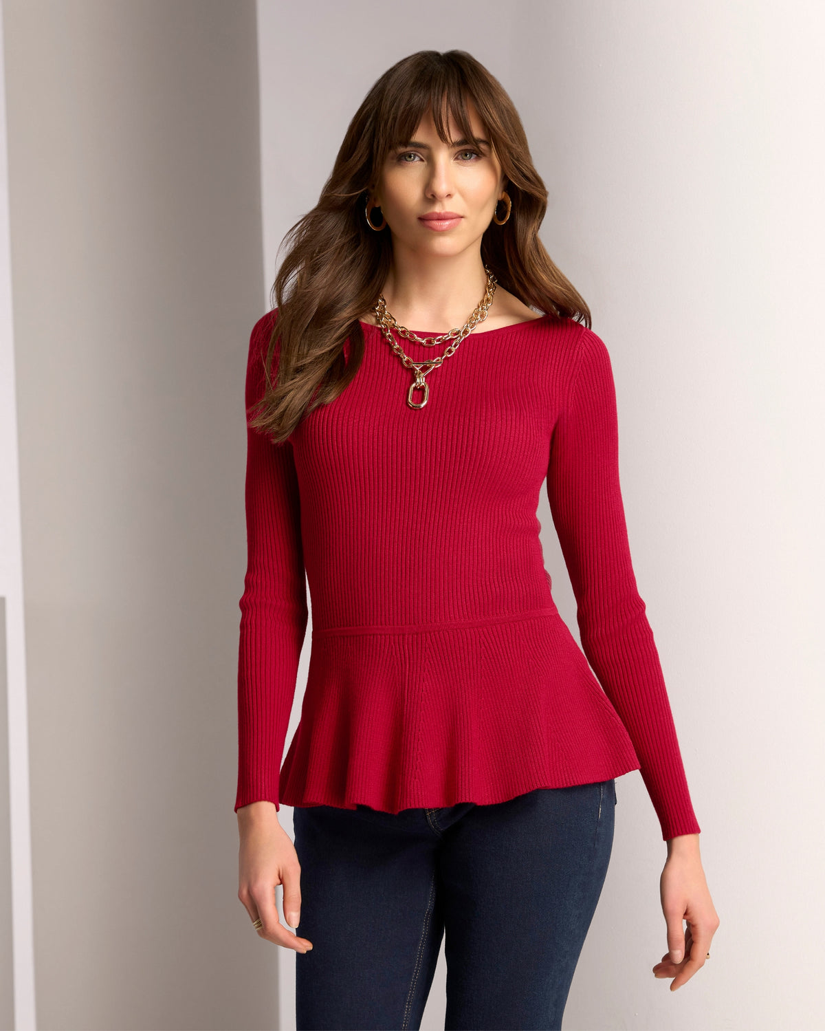 Rib Boat Neck Peplum Sweater French Kiss