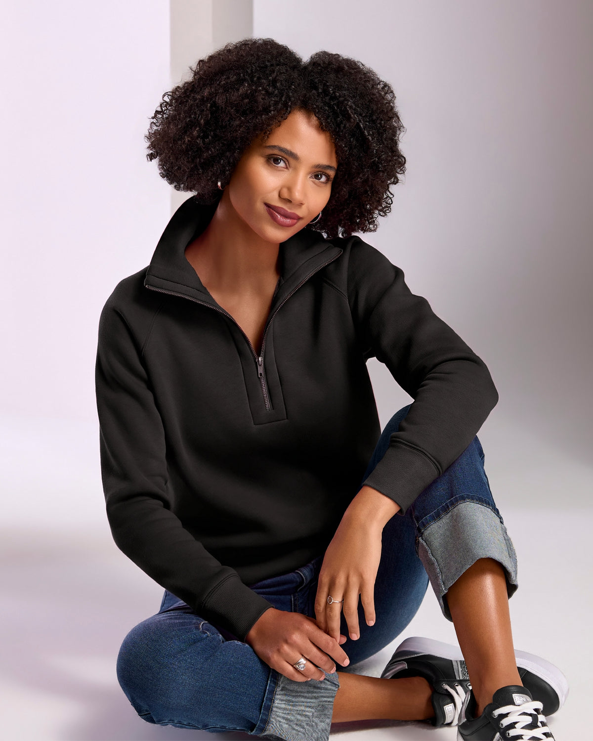Brushed French Terry Half Zip Collared Sweatshirt Black