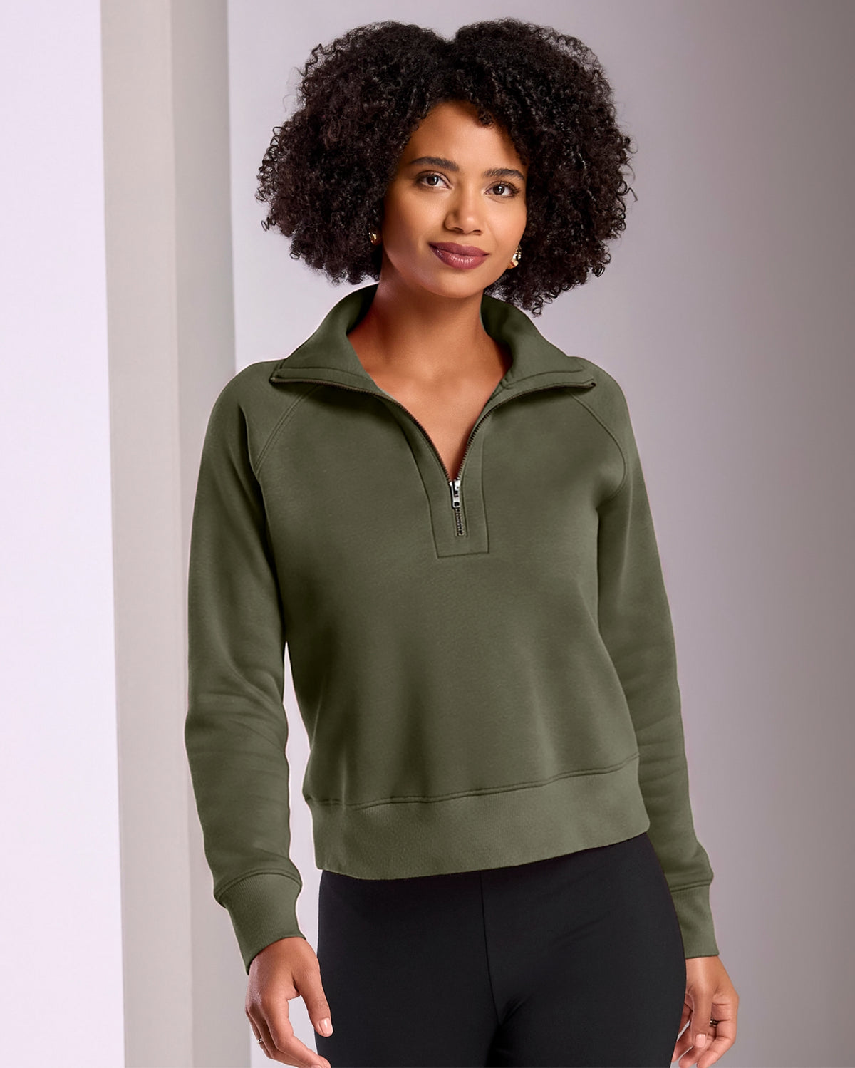 Brushed French Terry Half Zip Collared Sweatshirt Olive Night