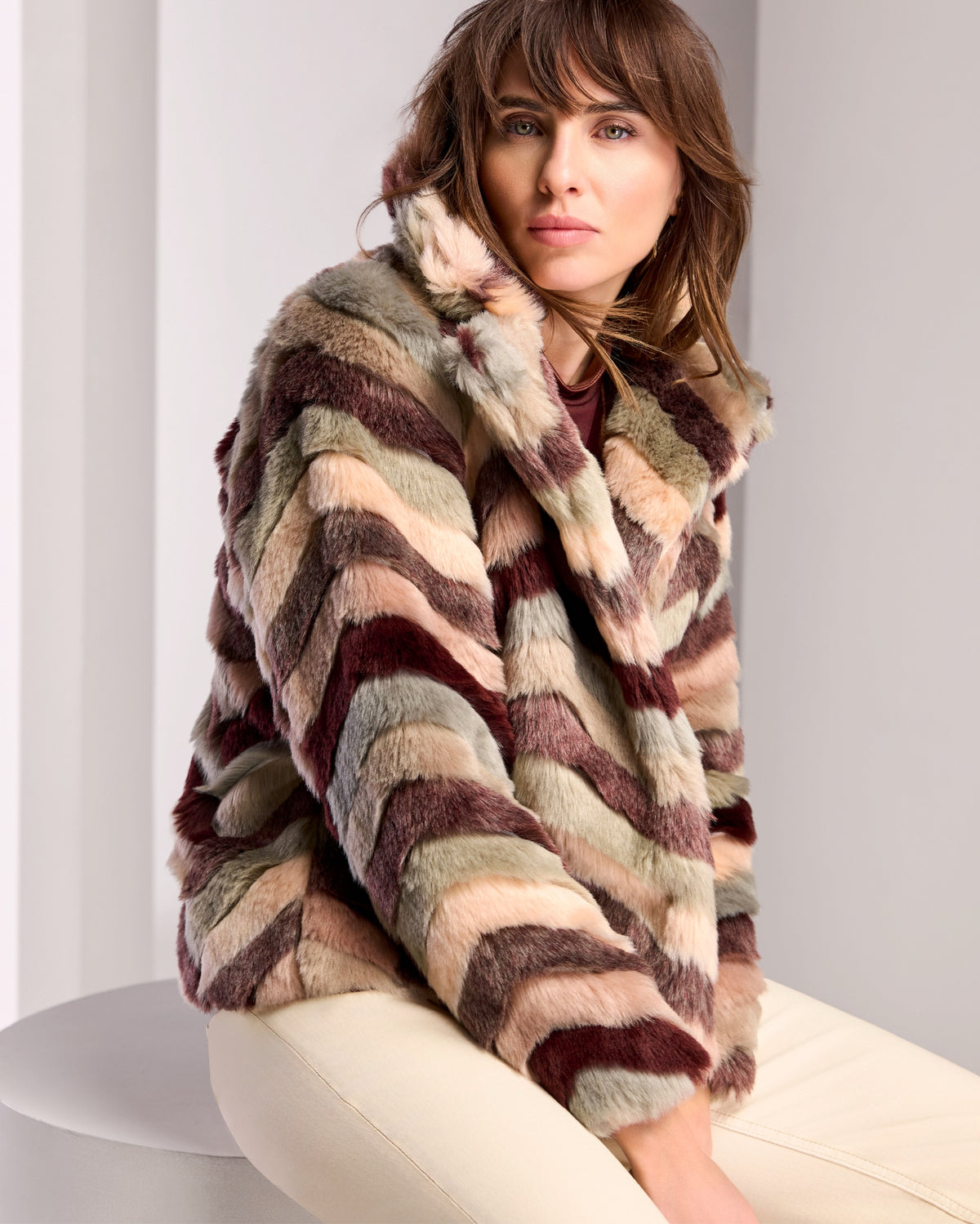 Cropped Chevron Faux Fur Jacket Merlot
