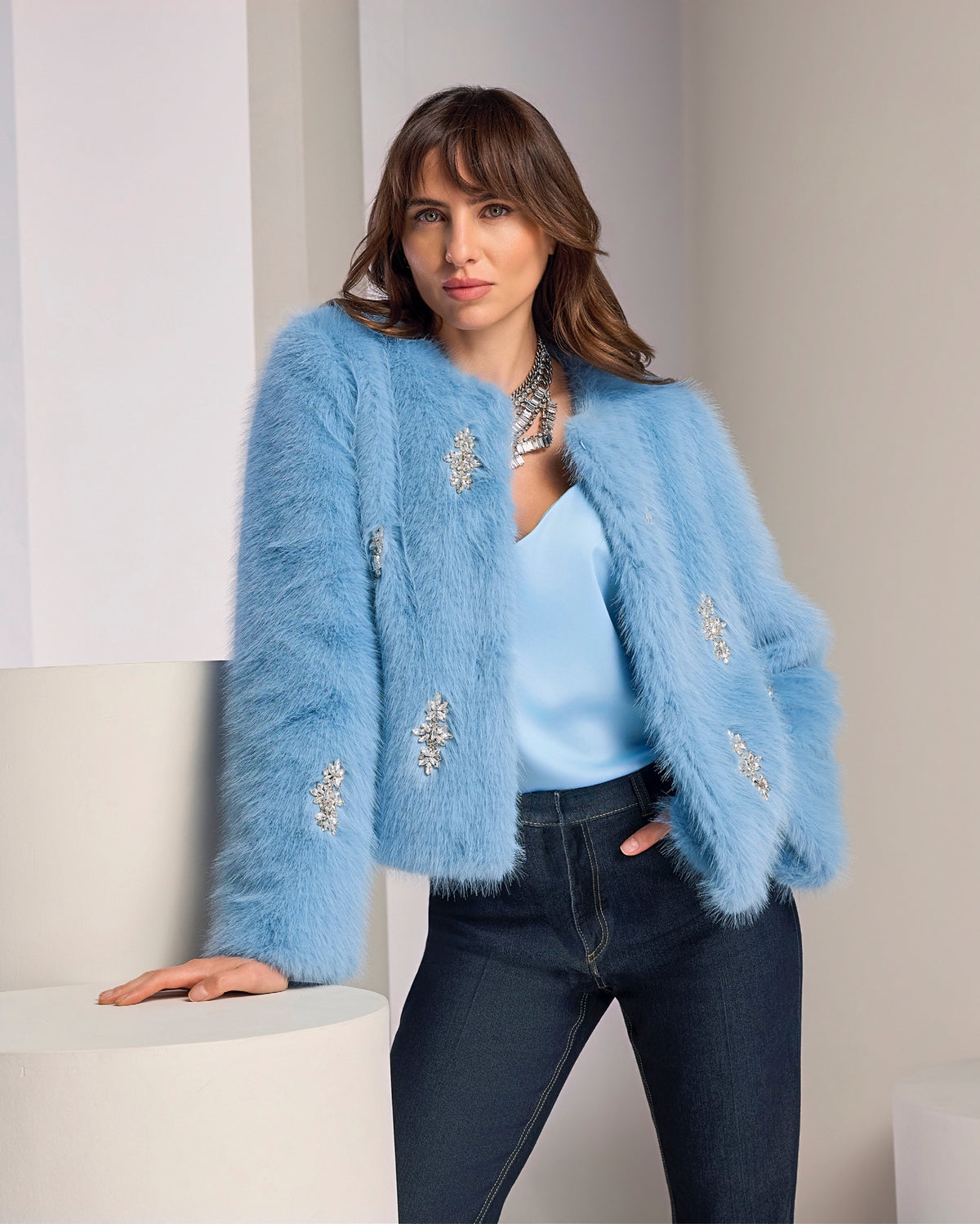Crystal Embellished Faux Fur Chubby Airy Blue