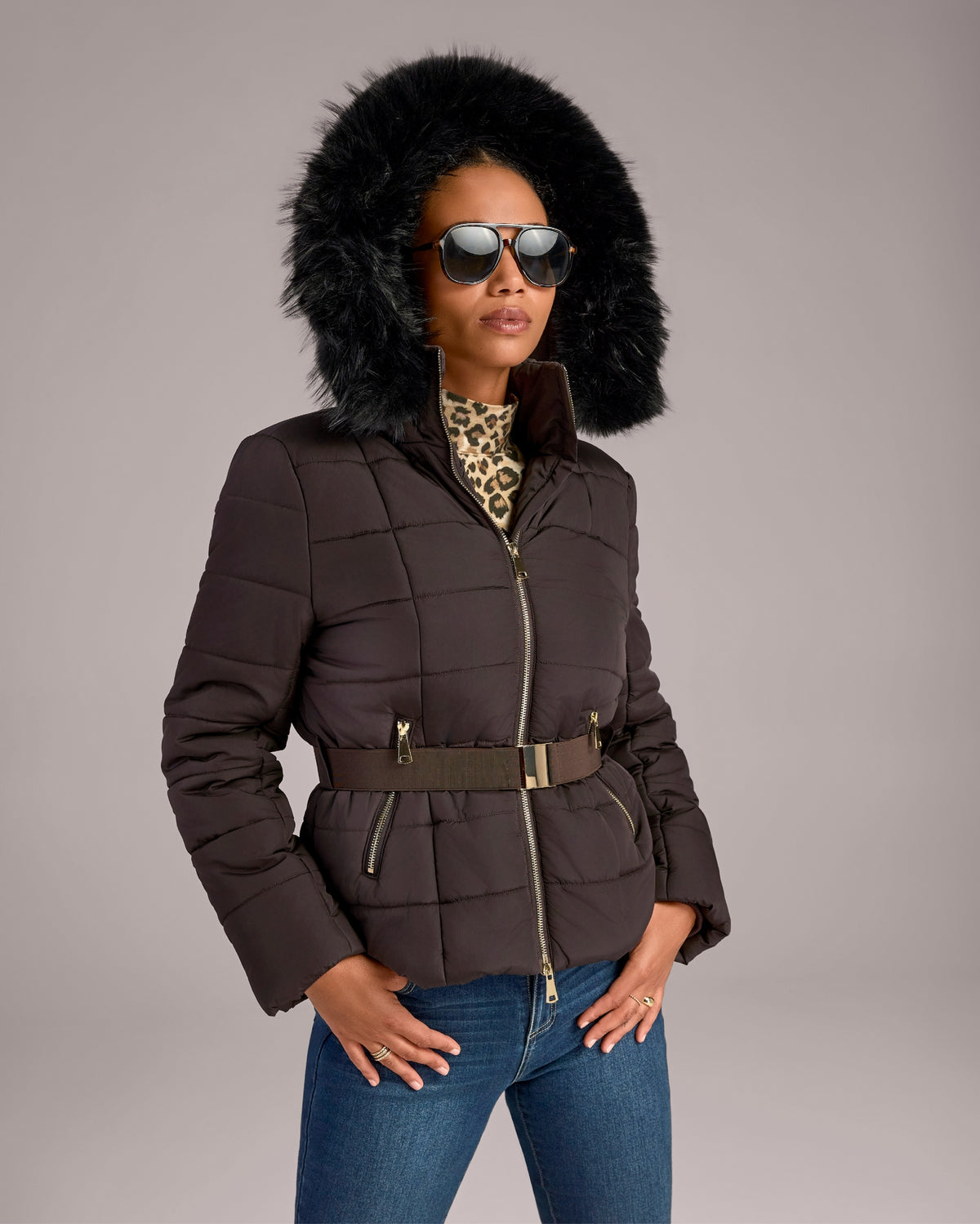 Mid Length Fur Trimmed Puffer Coat Chocolate Torte