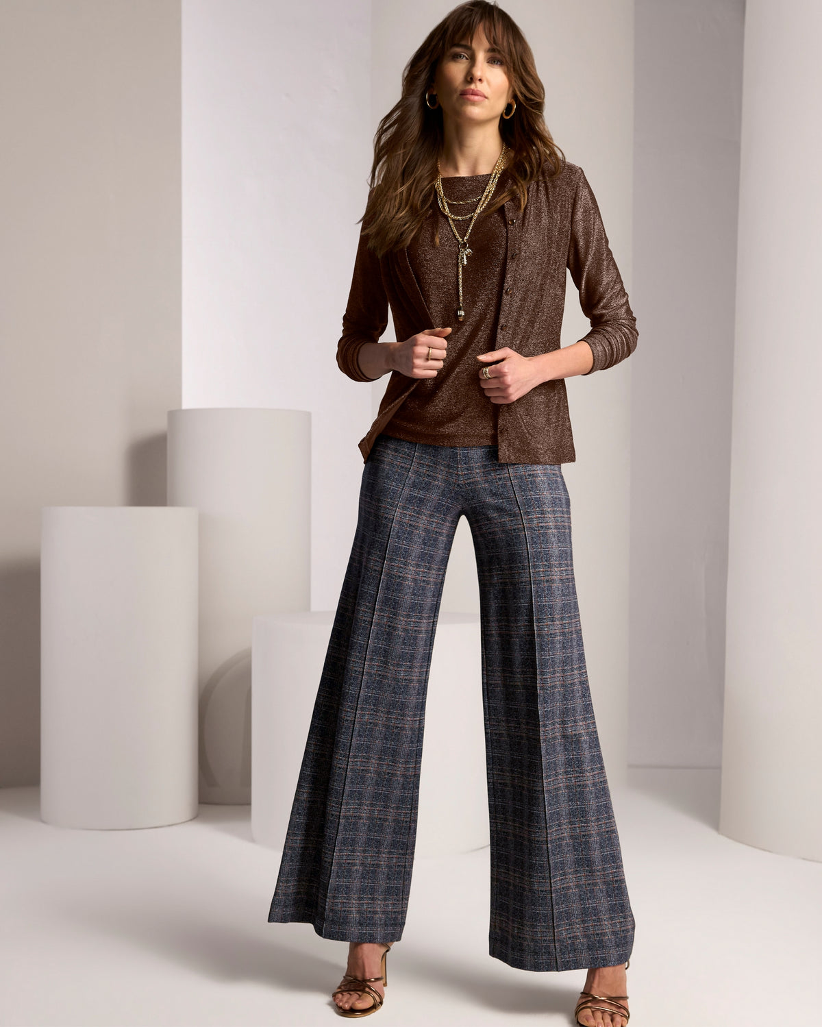 Plaid Ultimate Ponte Wide Leg Pant Charcoal Gray Multi
