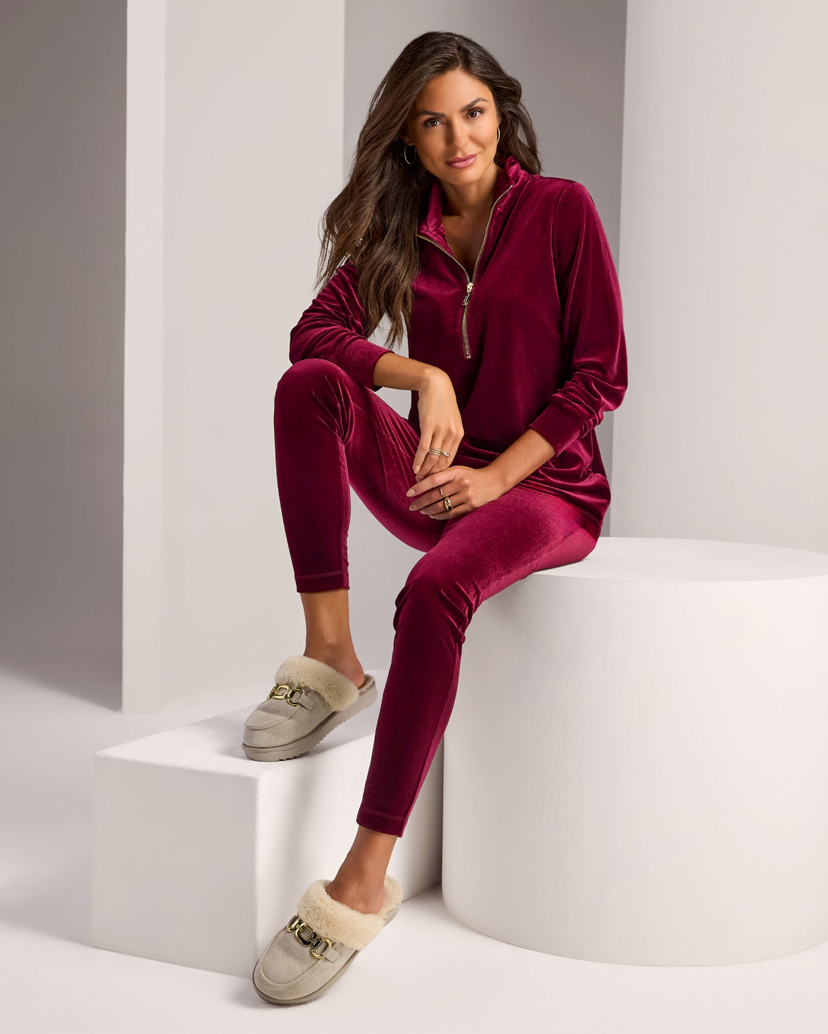 Velour Half Zip Tunic and Legging Set Cherry Lacquer