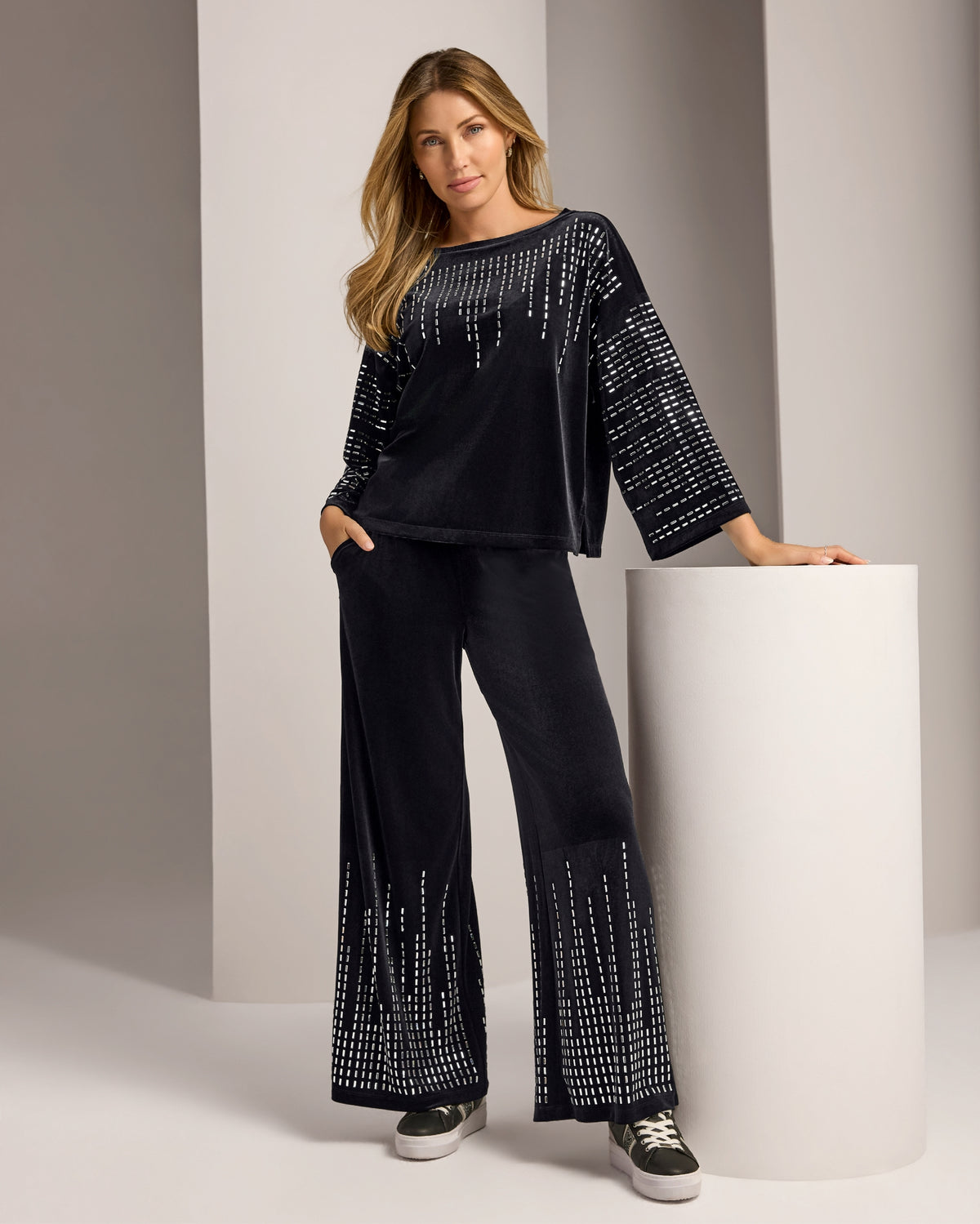 Velour Set with Rhinestone Embellishment Black
