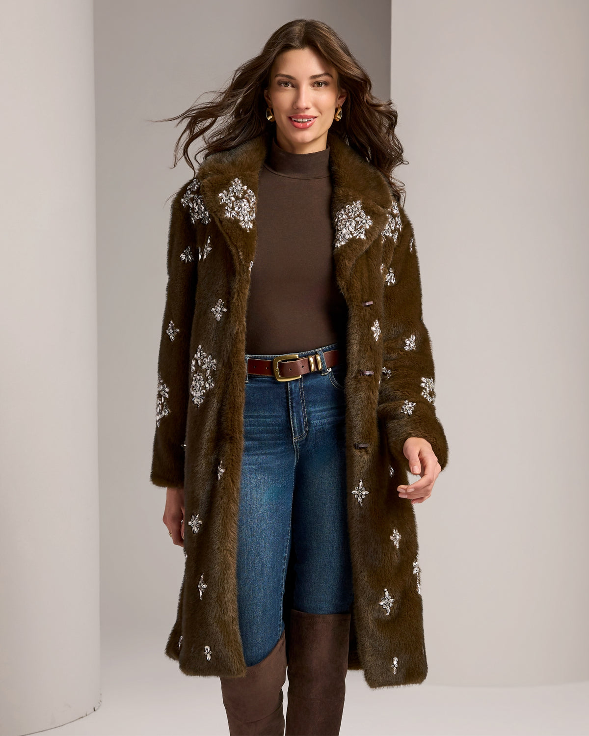 Brooch Embellished Faux Fur Coat Brown