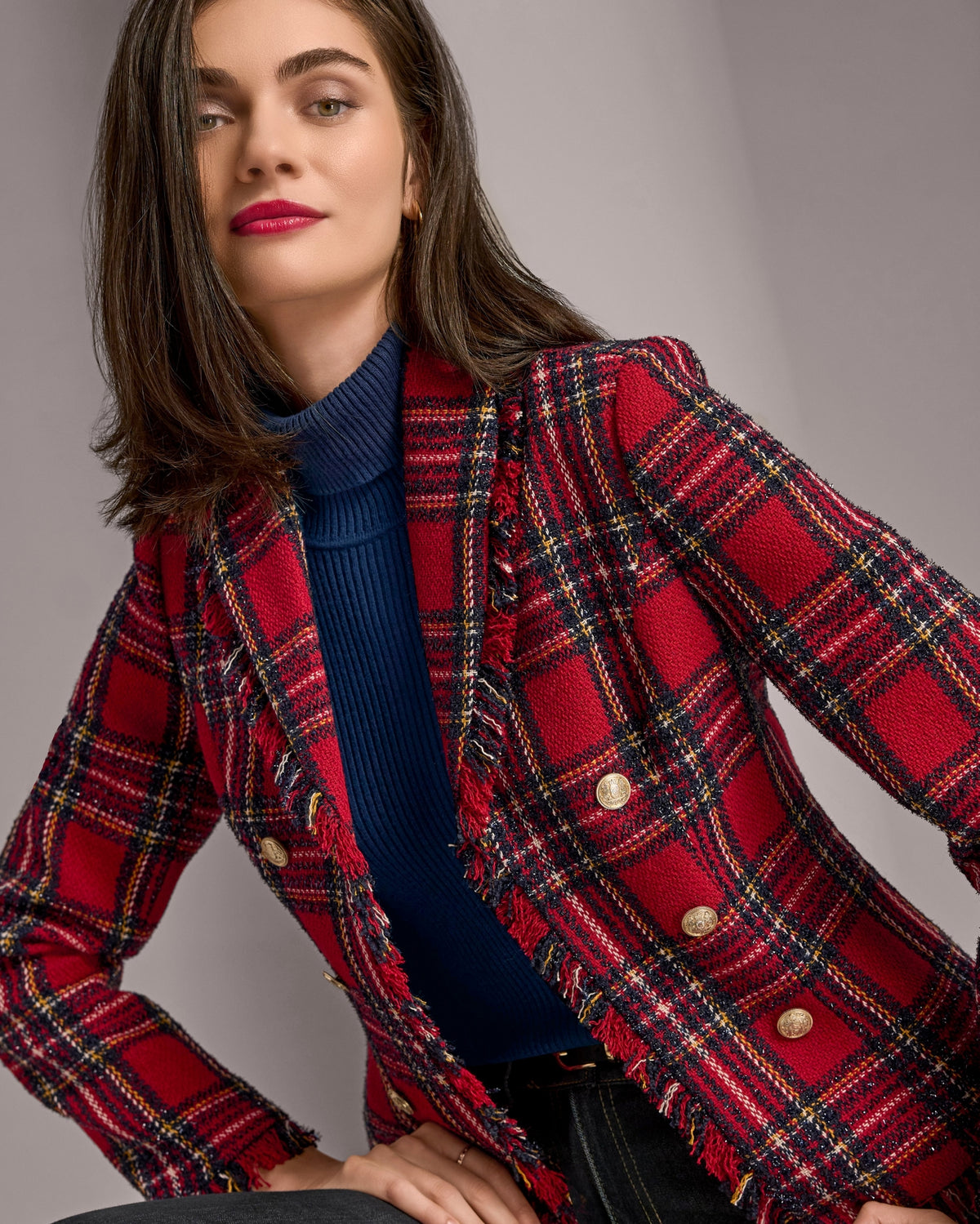 Holiday Plaid Shawl Collared Jacket with Fringe Trim Red Multi