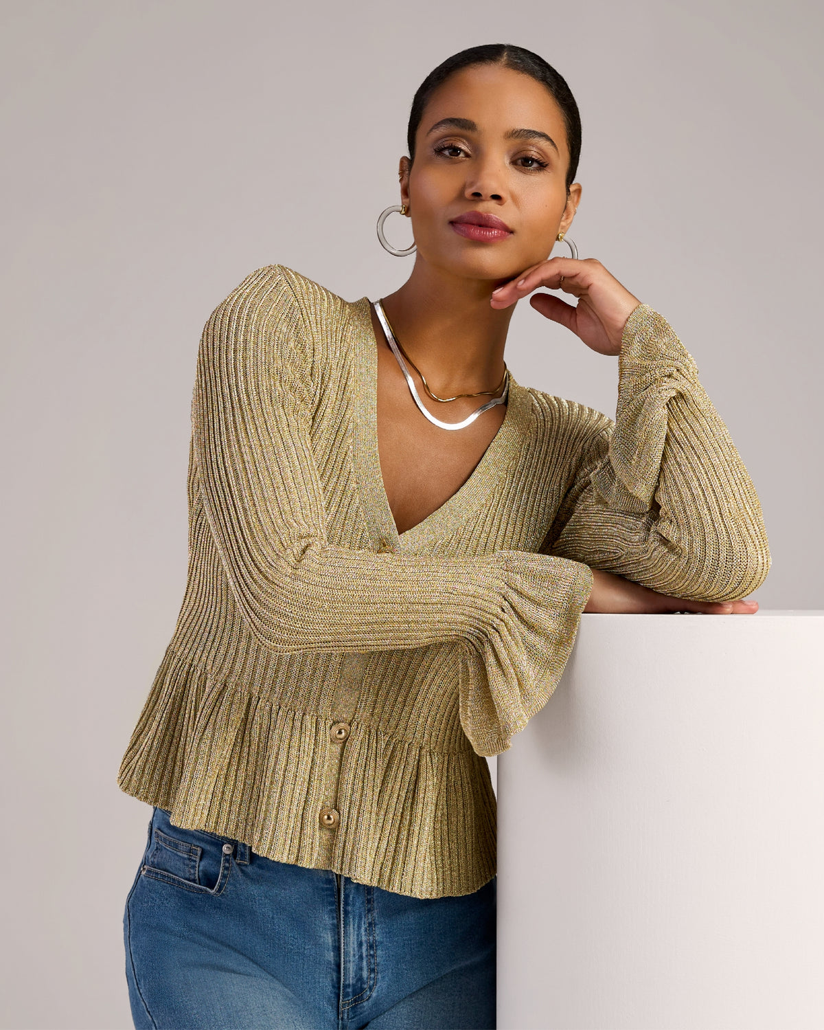 Metallic Peplum Sweater Metallic Gold