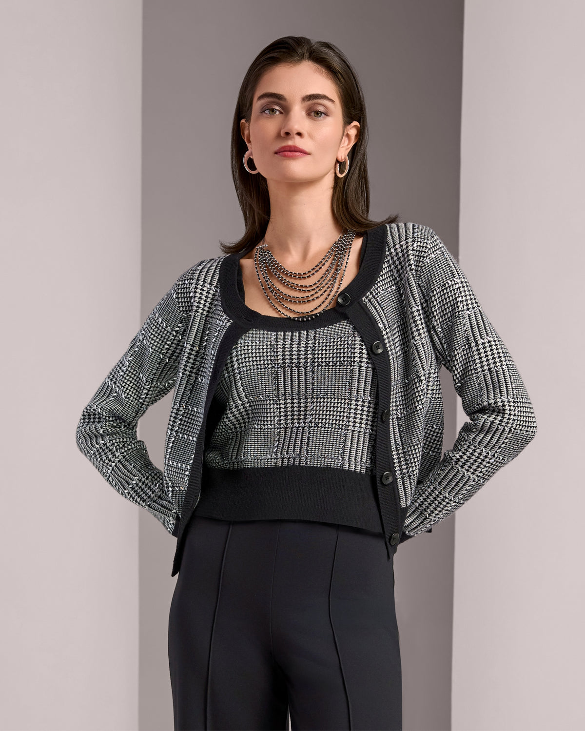 Rhinestone Houndstooth Cardigan and Tank Set Black/White