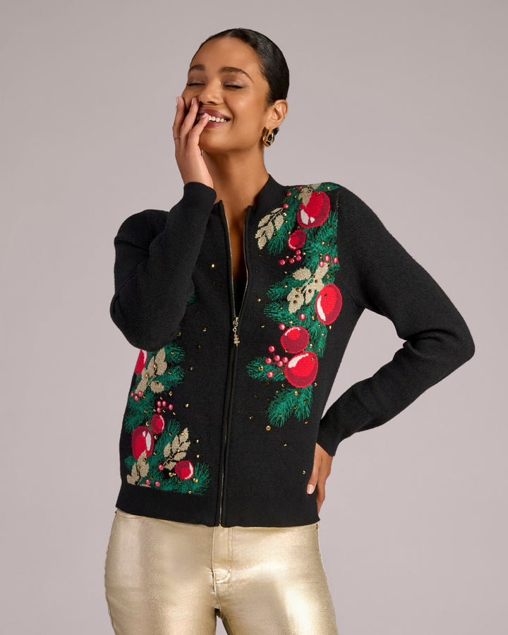 Festive Ornaments Intarsia Zip Up Black Multi