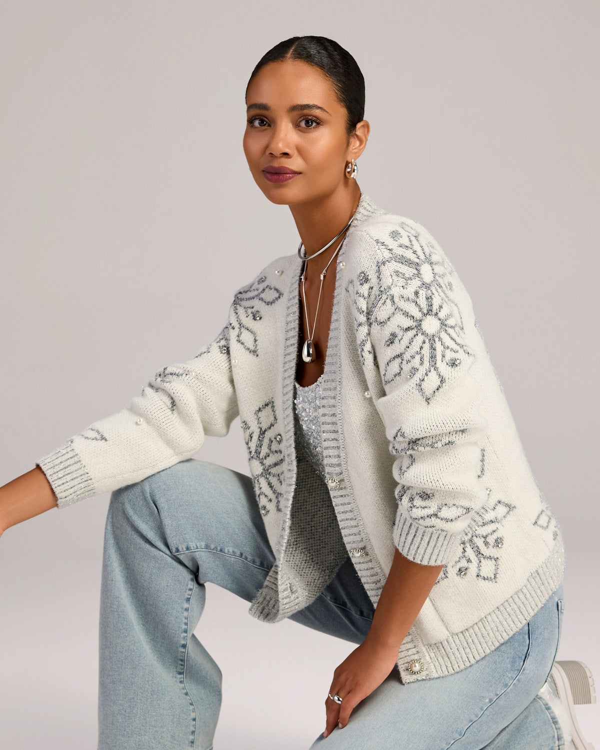 Snowflake Intarsia Cardigan White/Silver