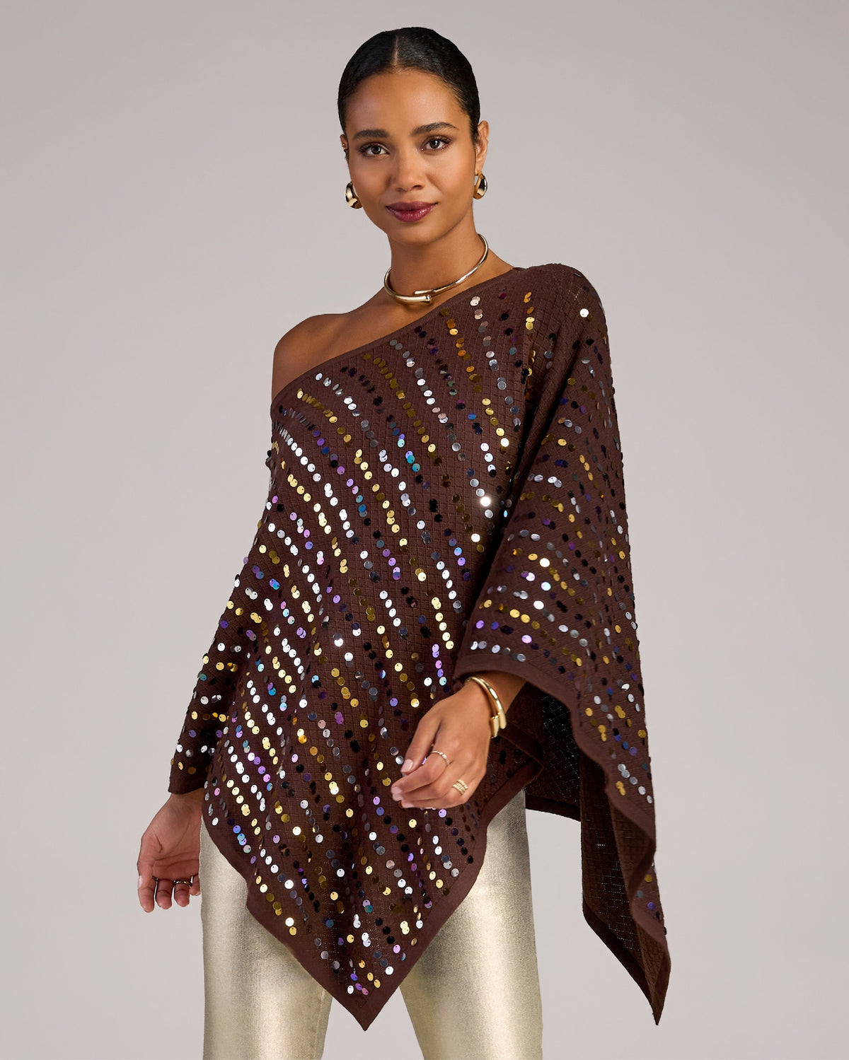Sequin Embellished Pointelle Poncho Brown Multi