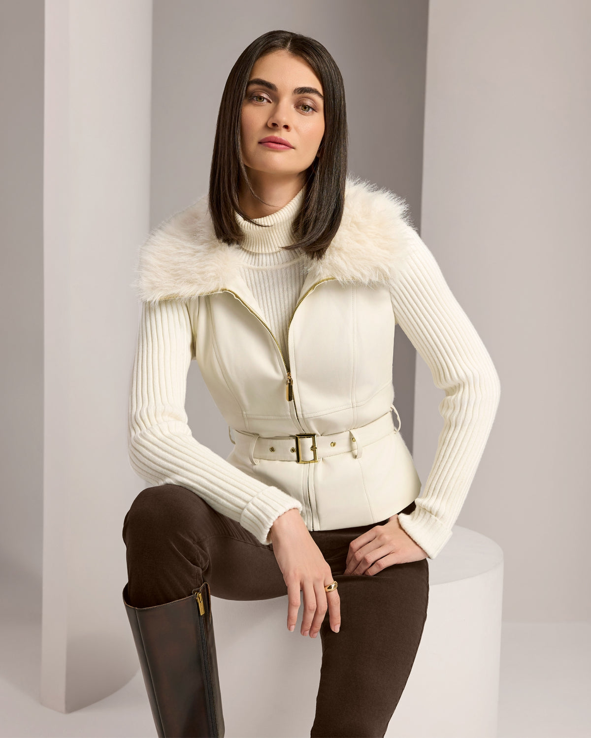 Faux Leather and Faux Fur Trimmed Zip Up Sweater Cream