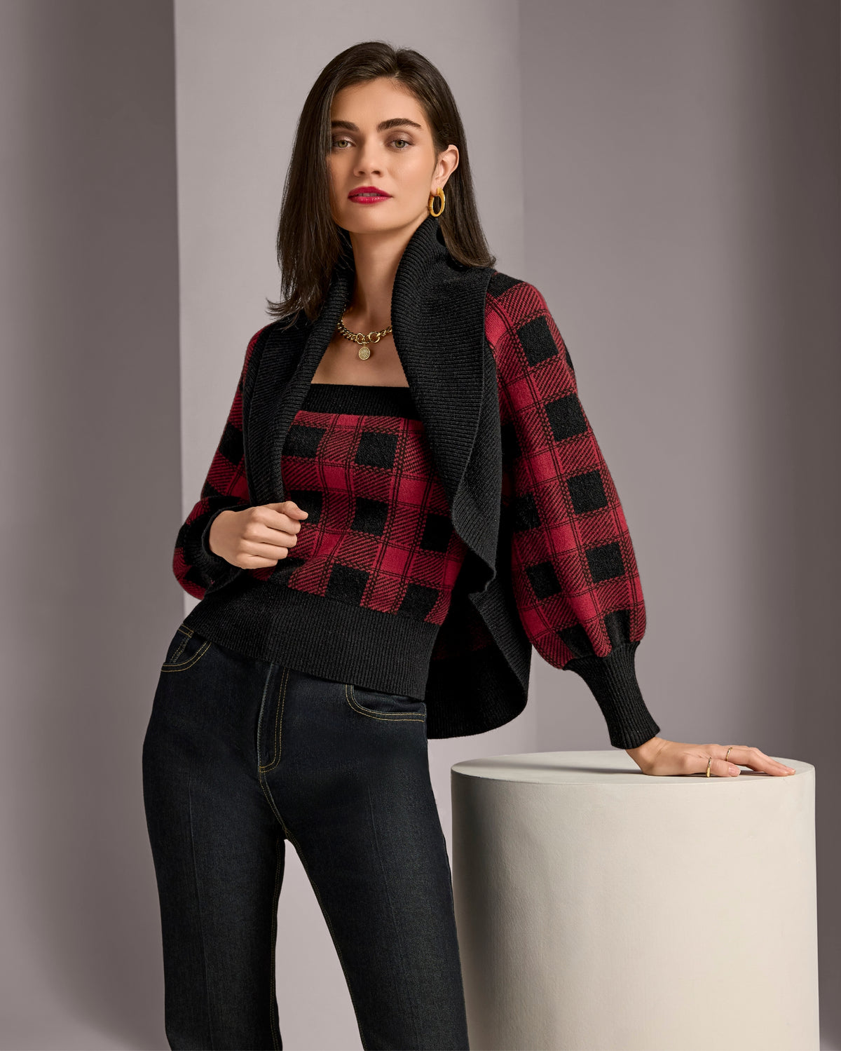 Buffalo Check Intarsia Sweater Set Red/Black