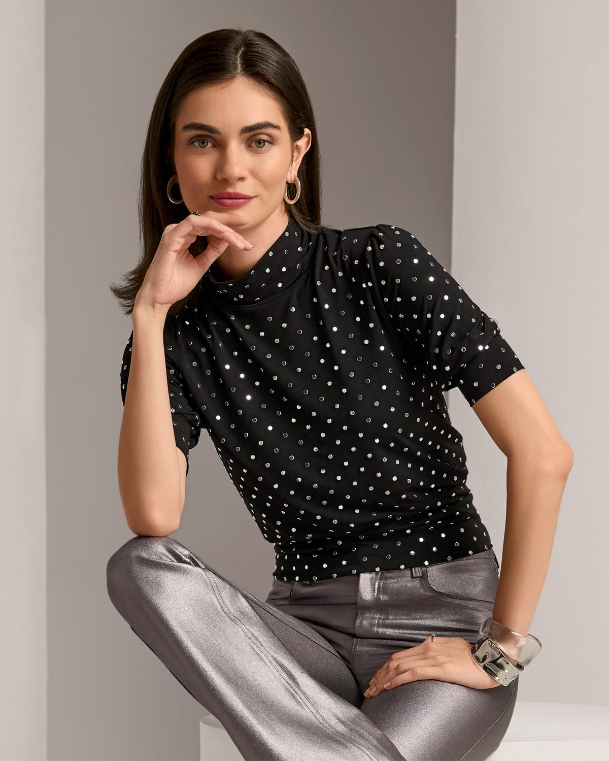 Studded Mock Neck Puff Sleeve Blouson Proper Black