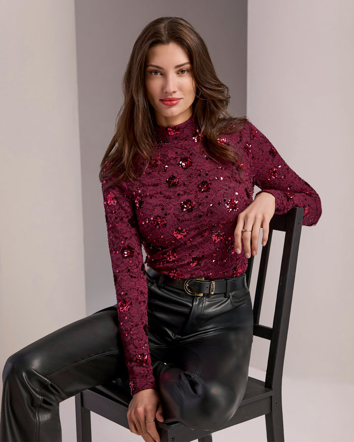 Embellished Lace Mock Neck Top Port