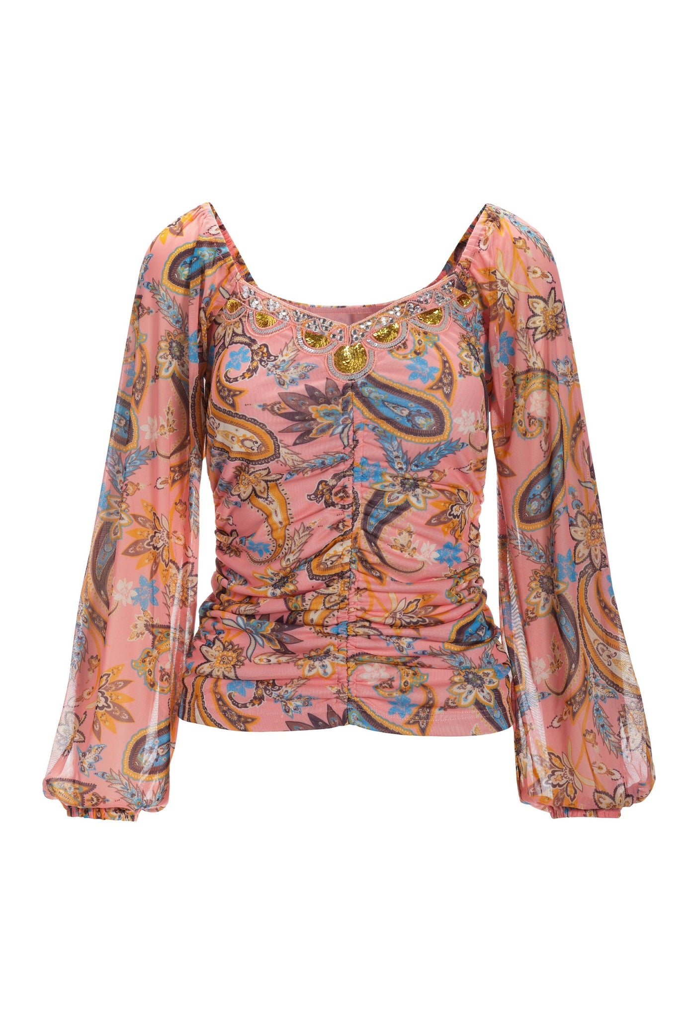 Paisley Mesh Embellished Ruched Top Pink Multi