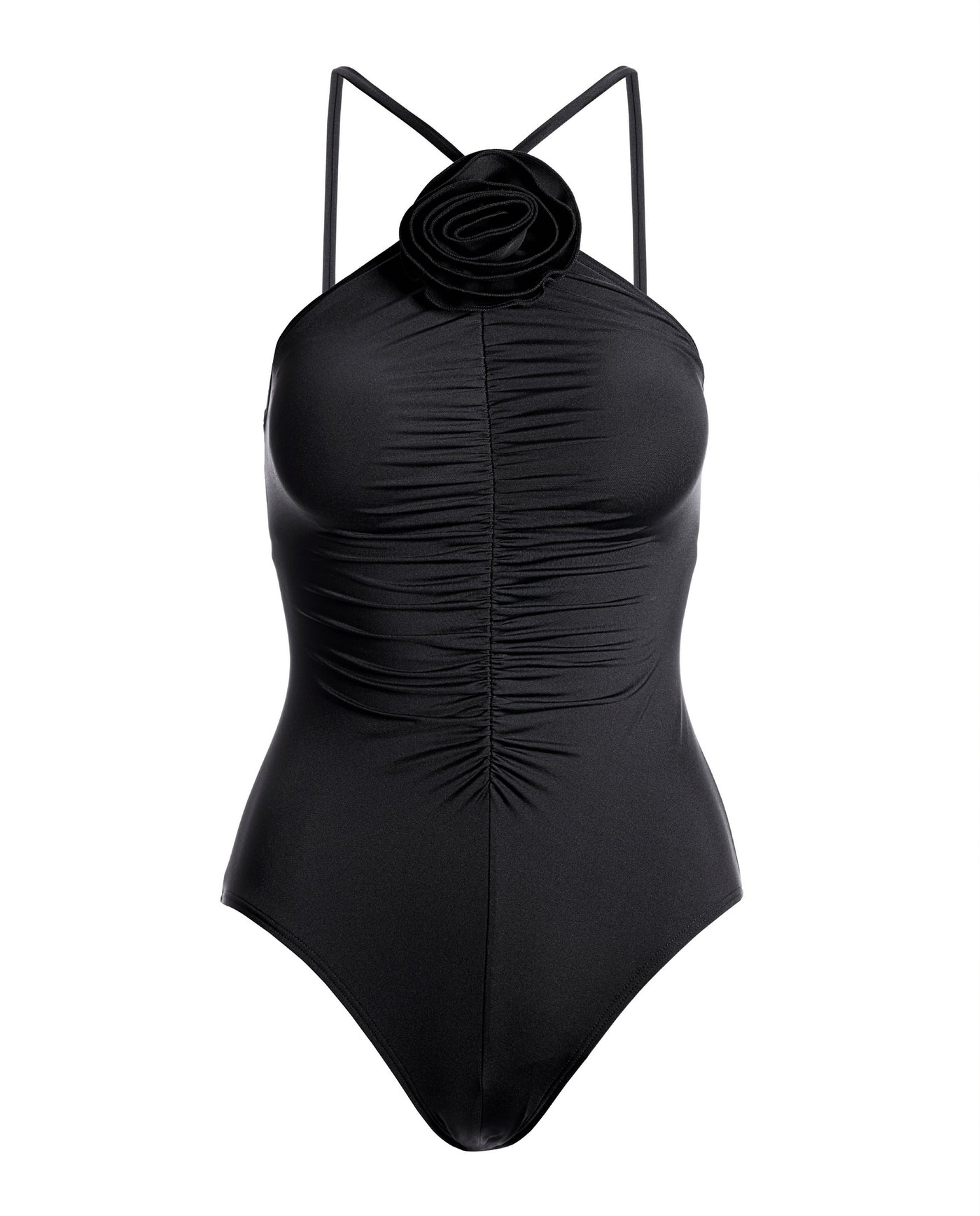 Rosette High Neck Ruched One Piece Black