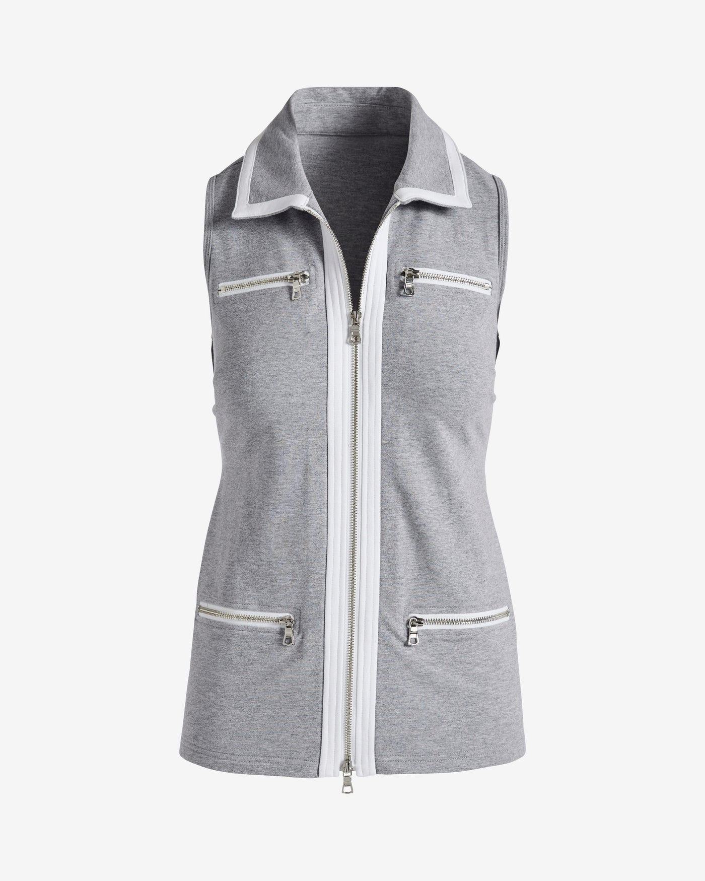 Chic Zip Sleeveless Collared Top Heather Gray/White