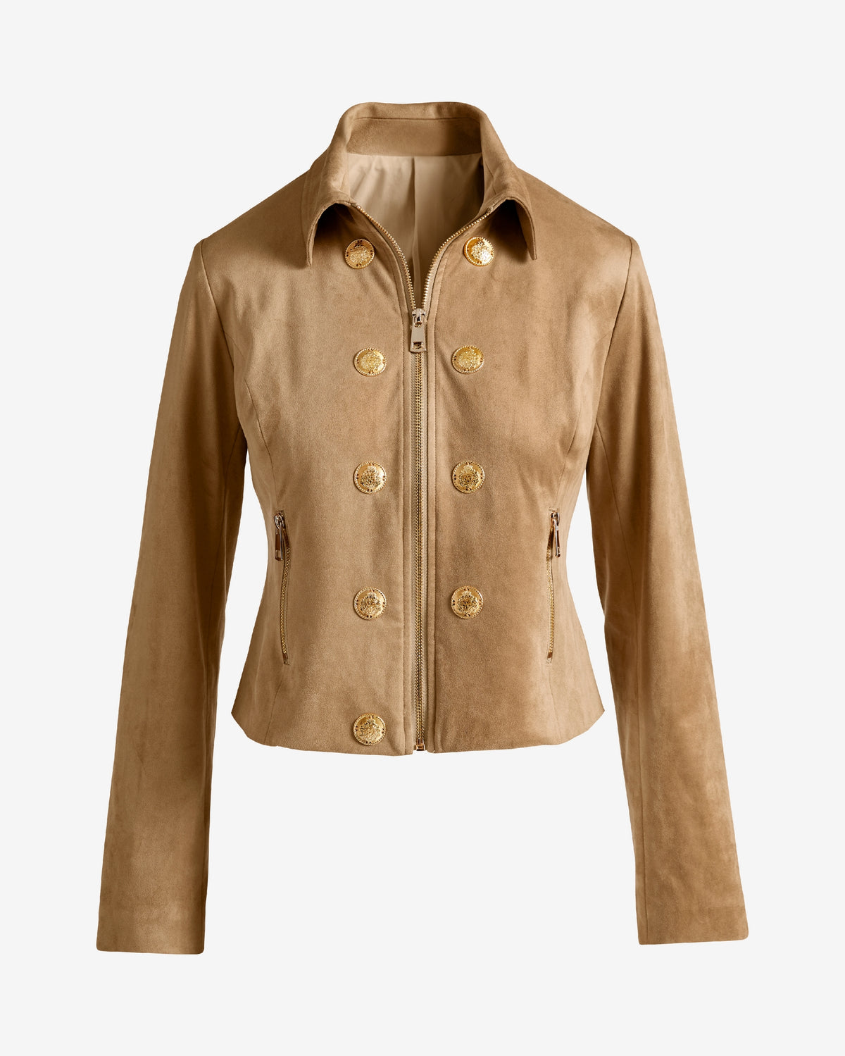 Zip Front Crest Button Faux Suede Jacket Sand
