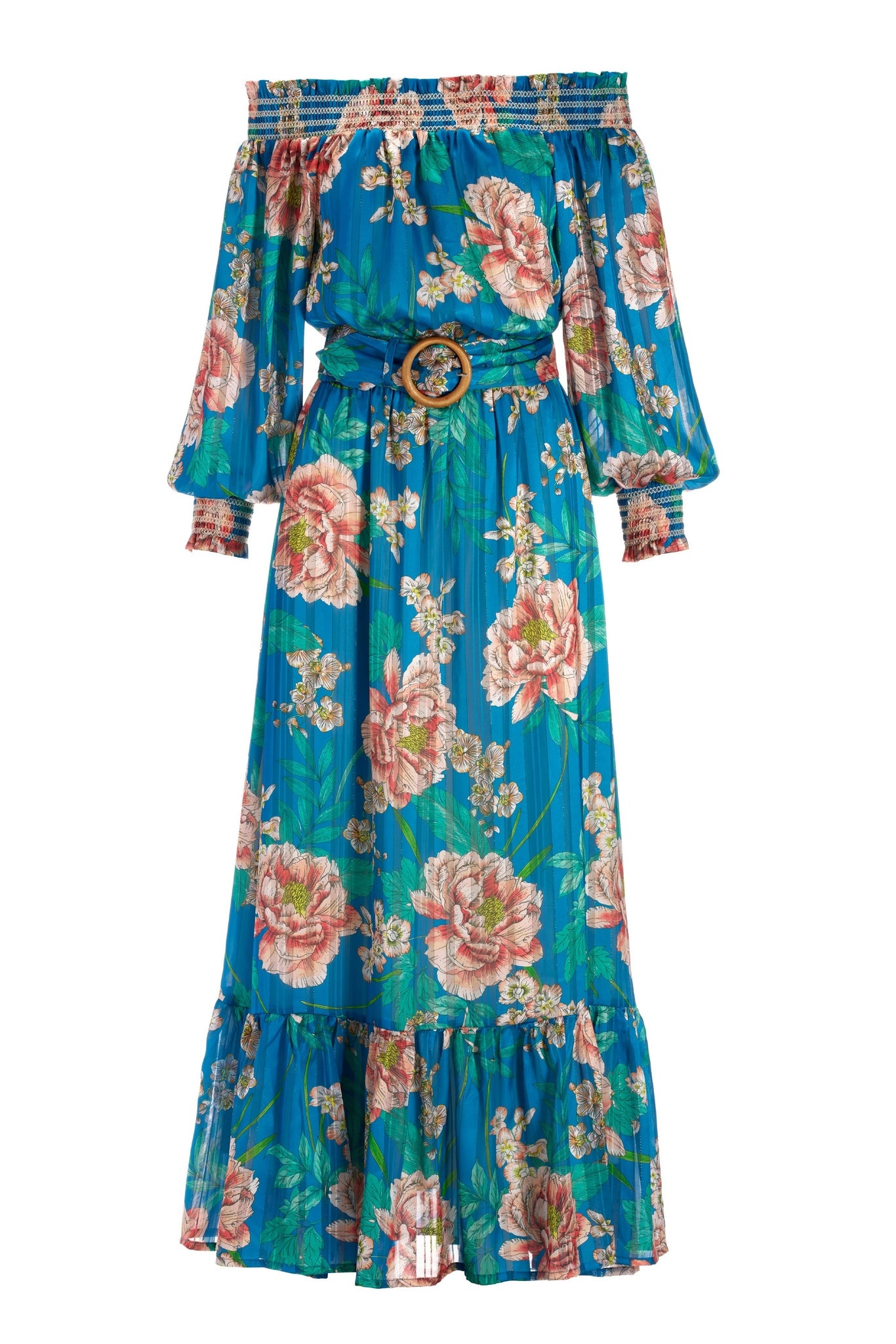 Floral Blooms OTS Belted Maxi Dress Blue Multi