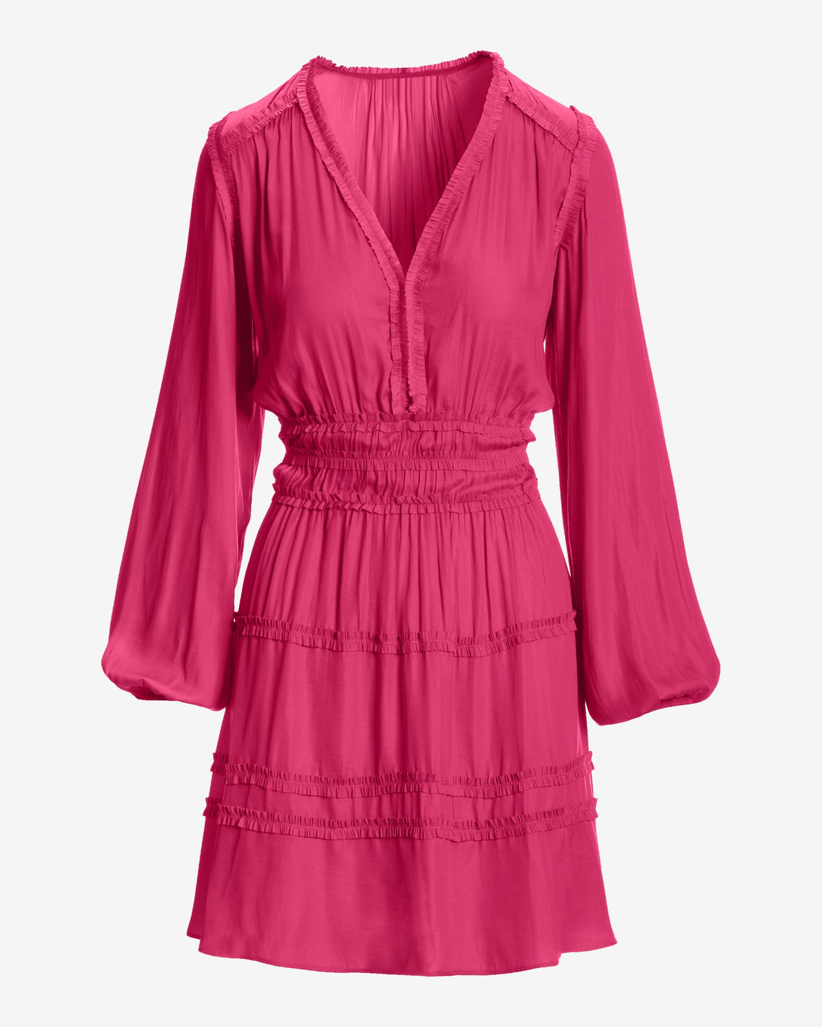 Long-Sleeve Ruffle-Trim Charmeuse Dress Blossom
