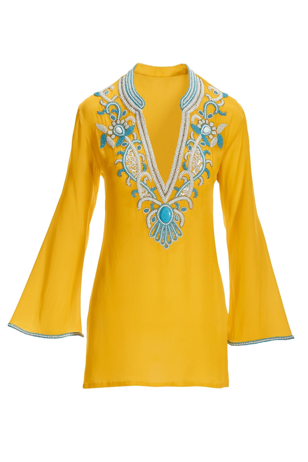 Embellished V Neck Resort Tunic Yellow Multi