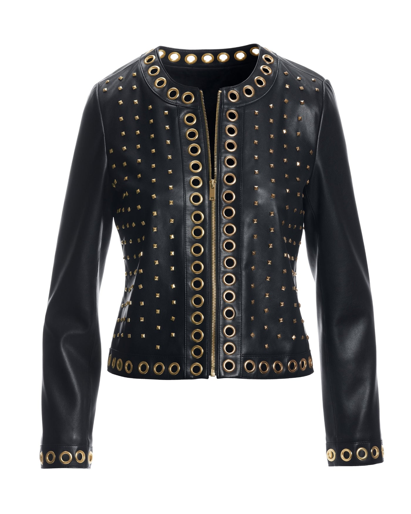Faux Leather Grommet Collarless Jacket Black