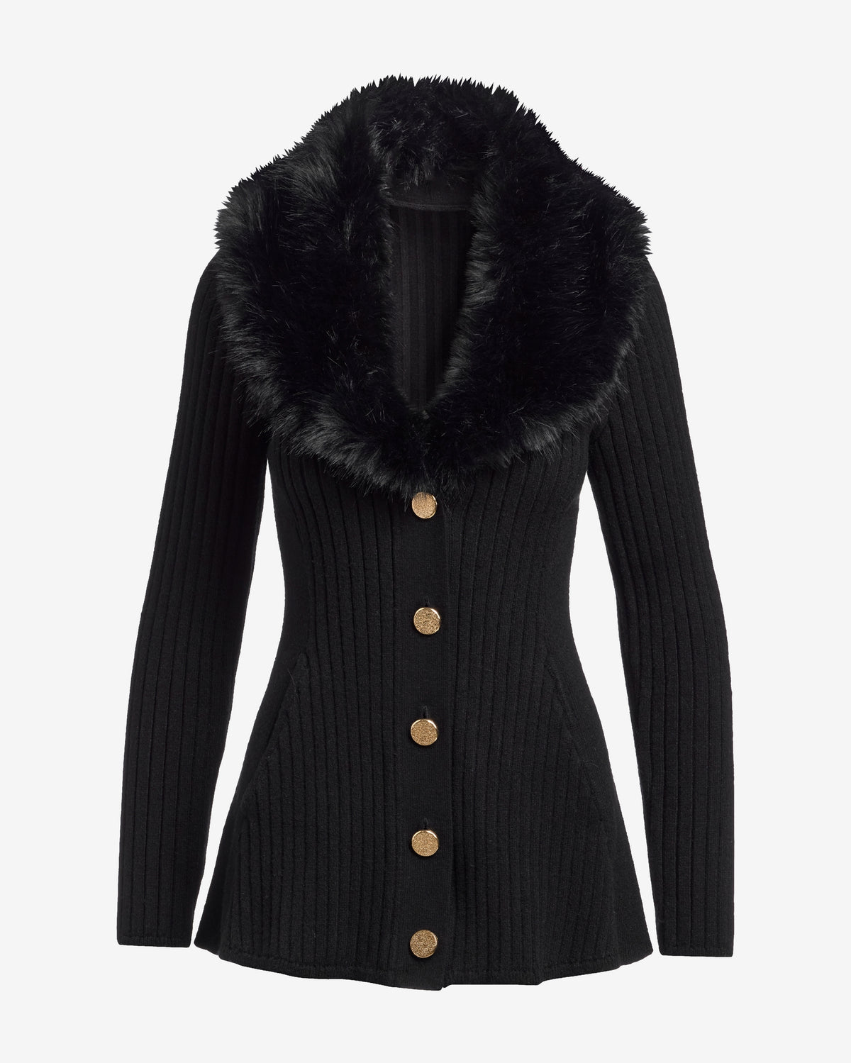 Faux Fur Trim Button Up A-Line Cardigan Proper Black