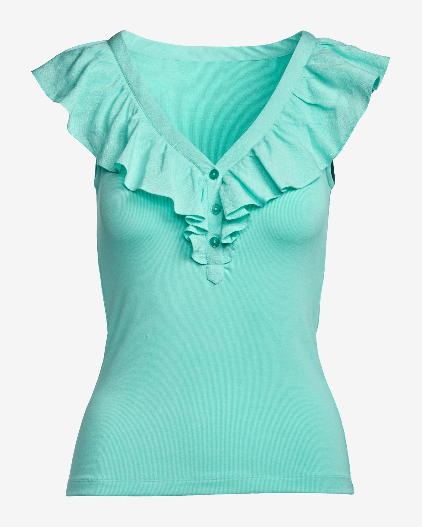 Linen Ruffle Henley Ribbed Top Aqua Splash