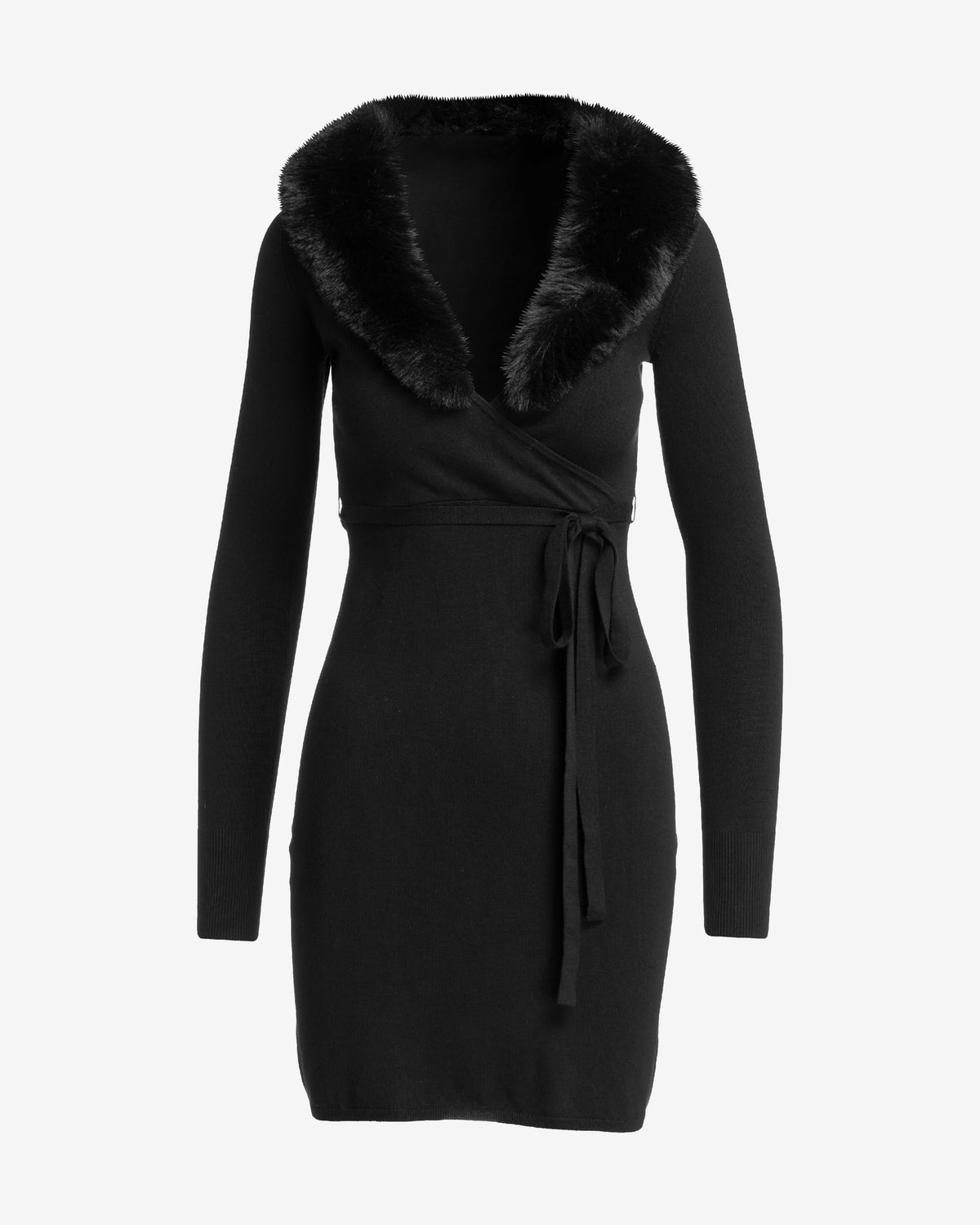 Faux Fur Trim Sweater Dress Black