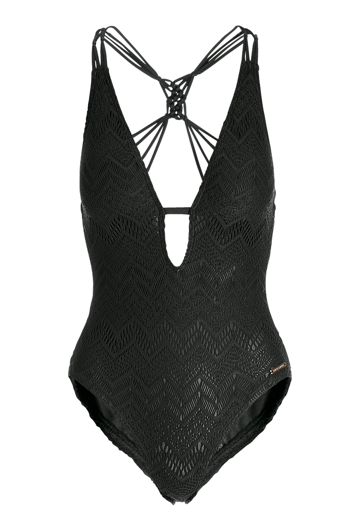 All Over Crochet Plunge One Piece Black