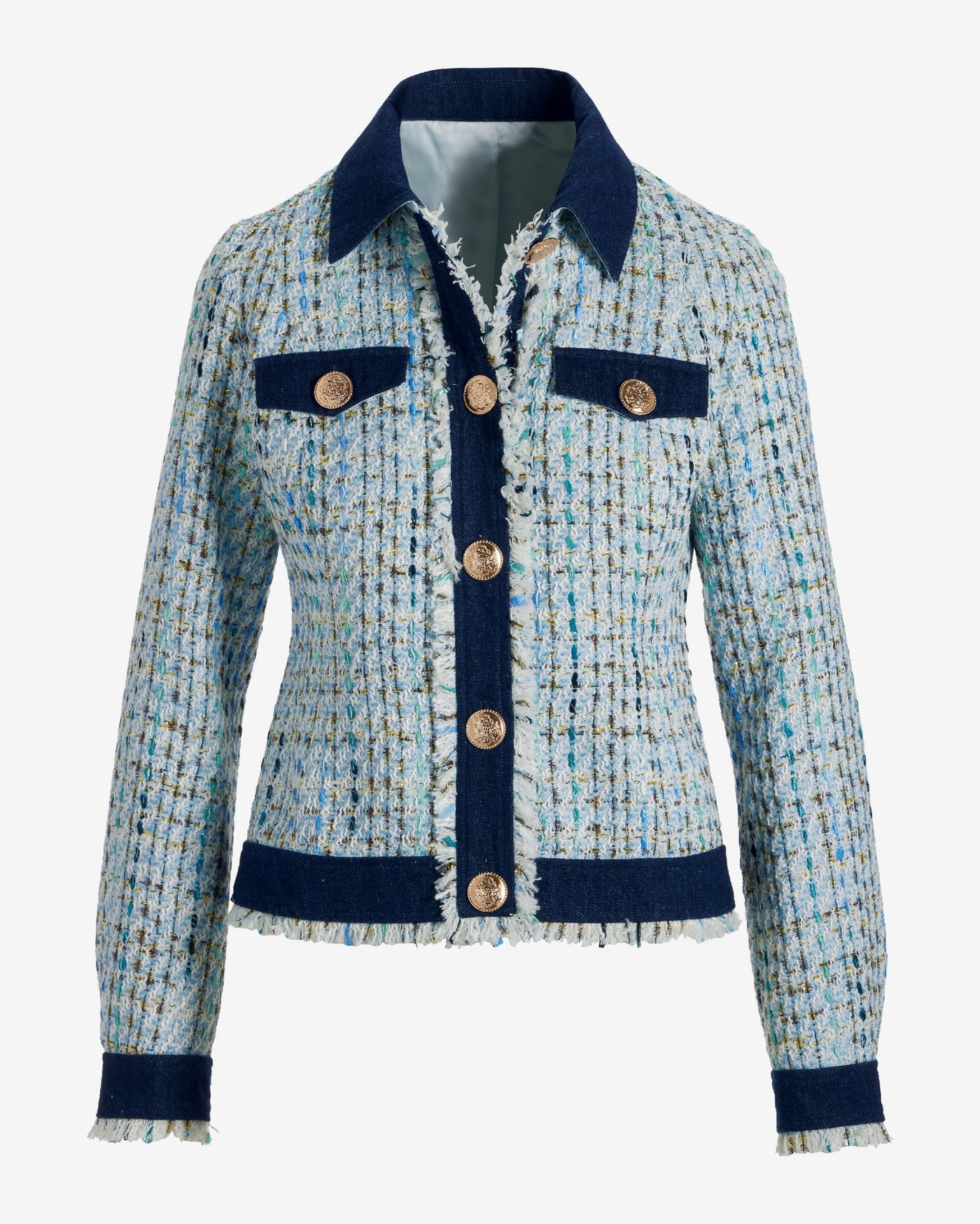 Shimmer Tweed Denim Trim Jacket Light Blue Multi