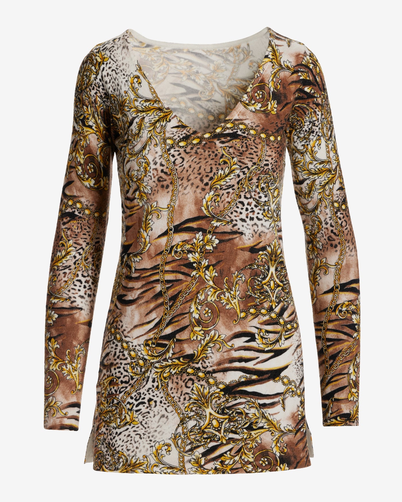 Printed V-Neck Tunic Sweater Animal Allure