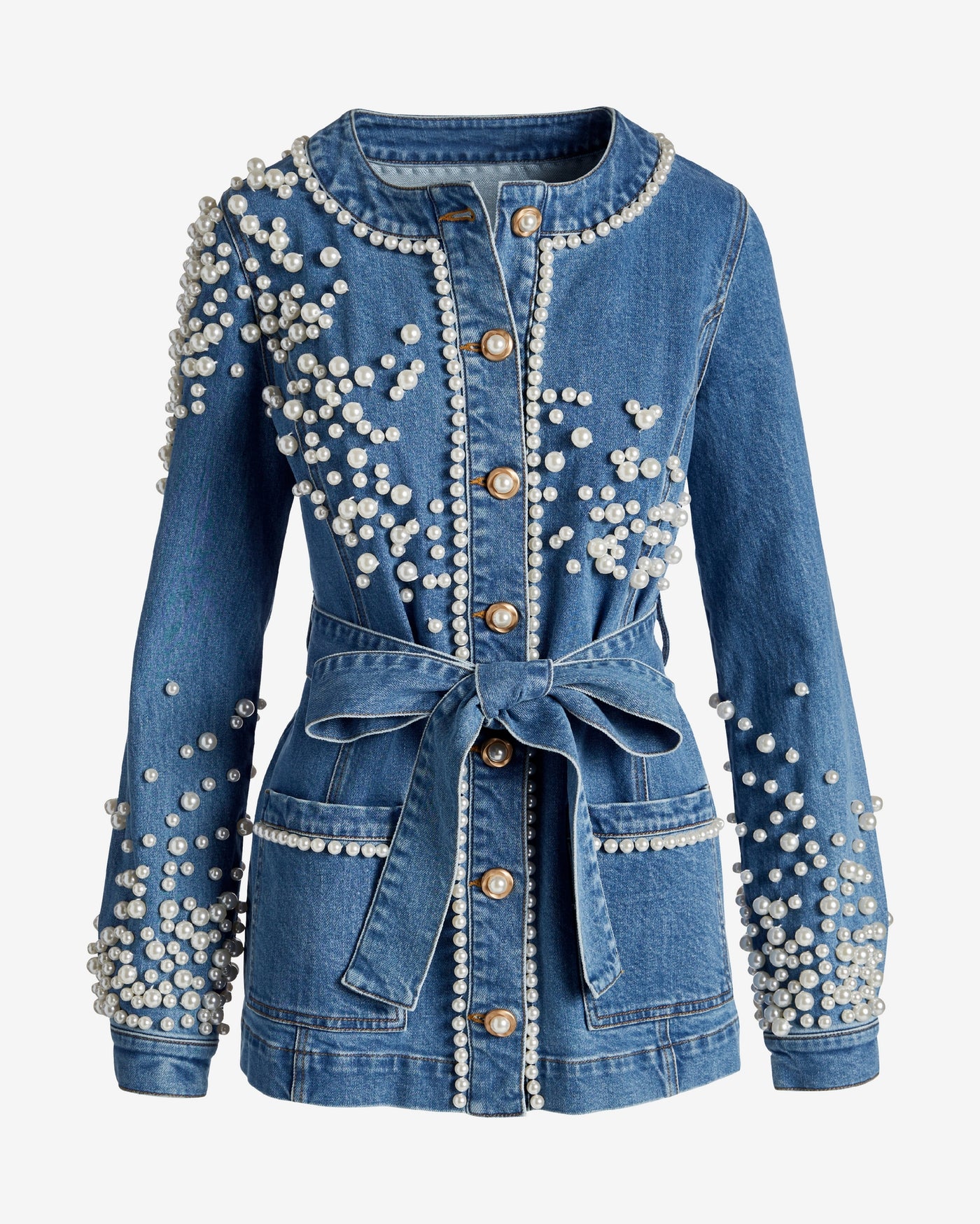 Pearl Embellished Denim Tie-Waist Jacket Medium Wash Denim
