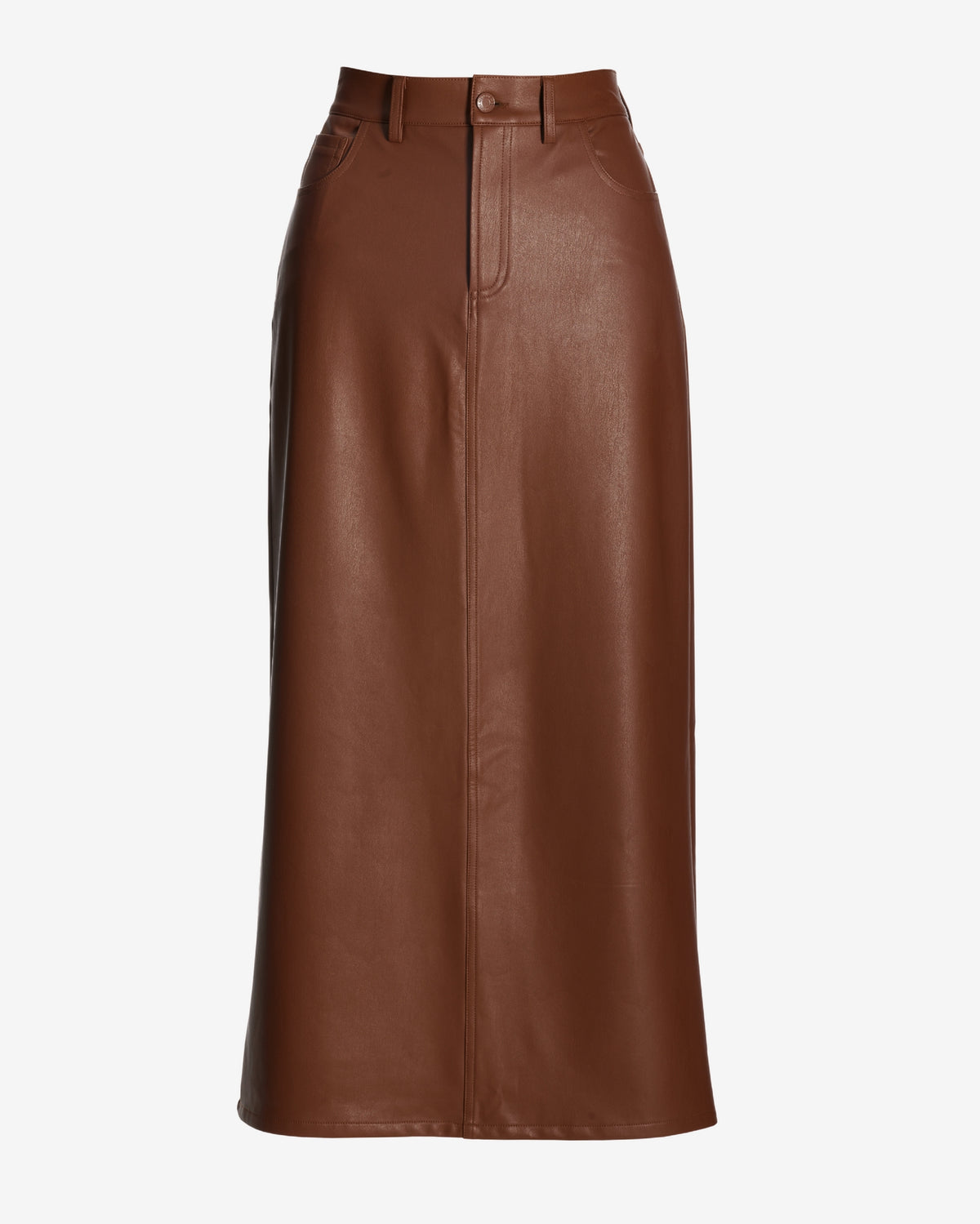 Faux Leather Five Pocket Midi Skirt Cognac