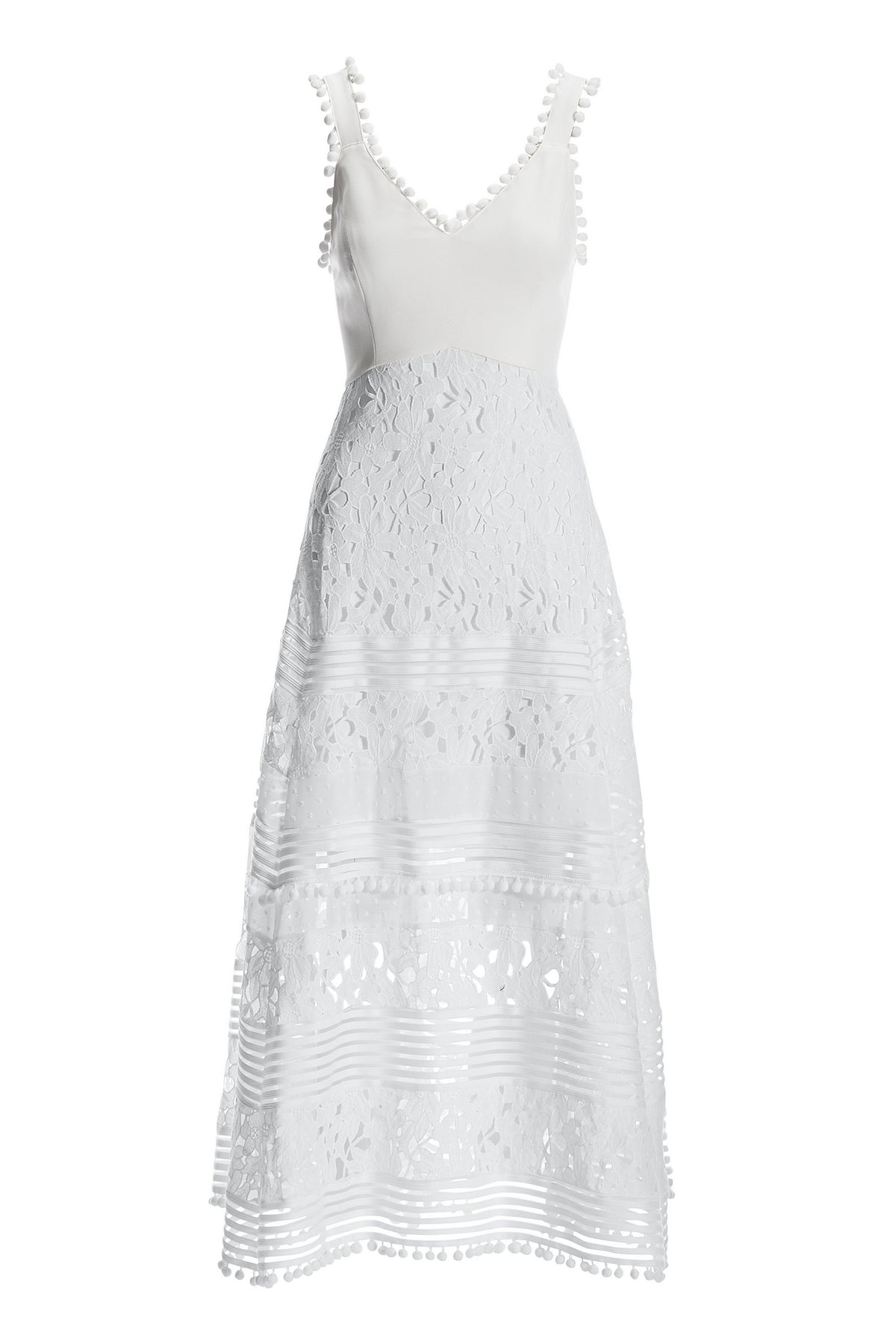 Mixed Media Lace Pom Pom Dress White