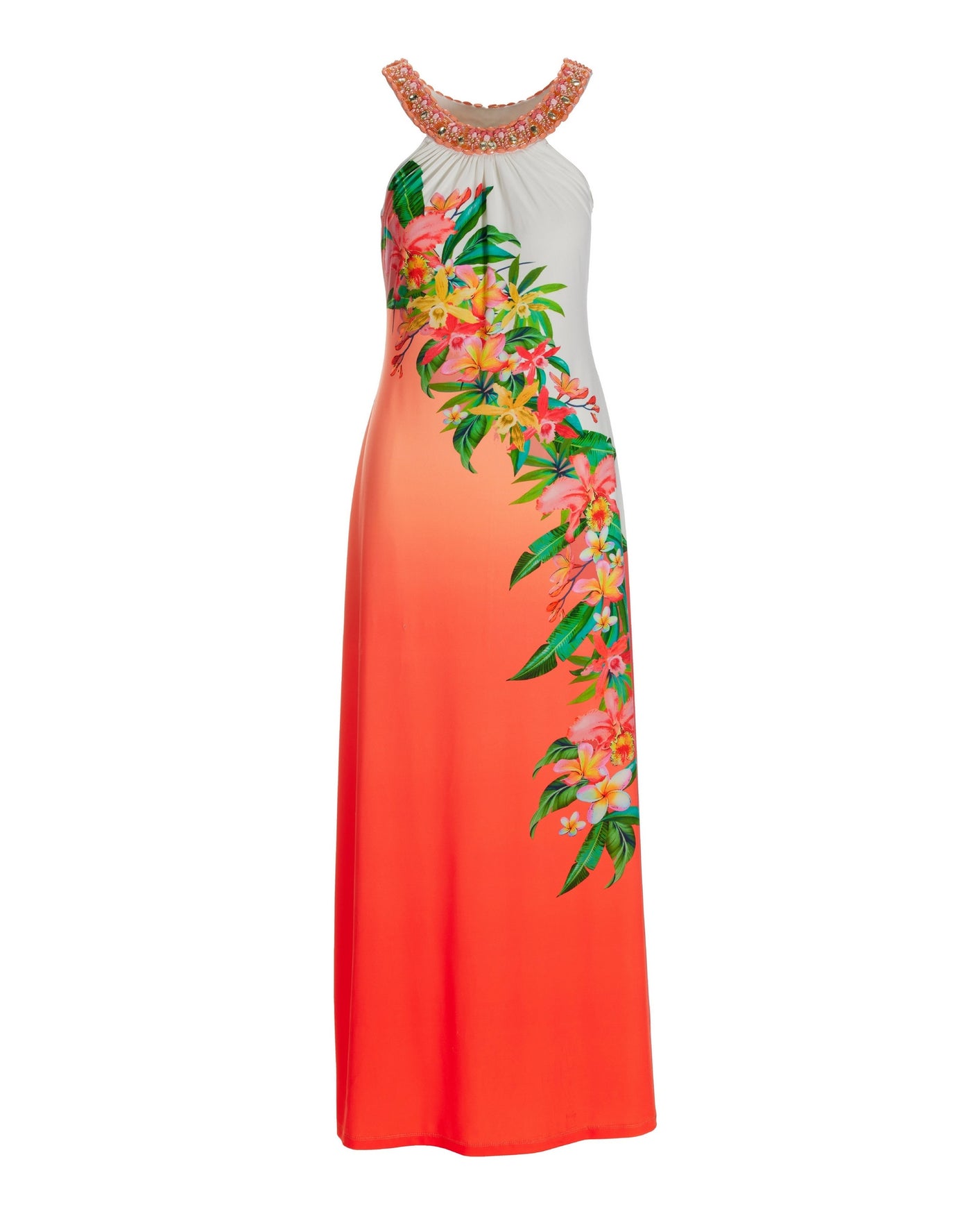 Getaway Floral Embellished Knit Maxi Dress Coral/Green