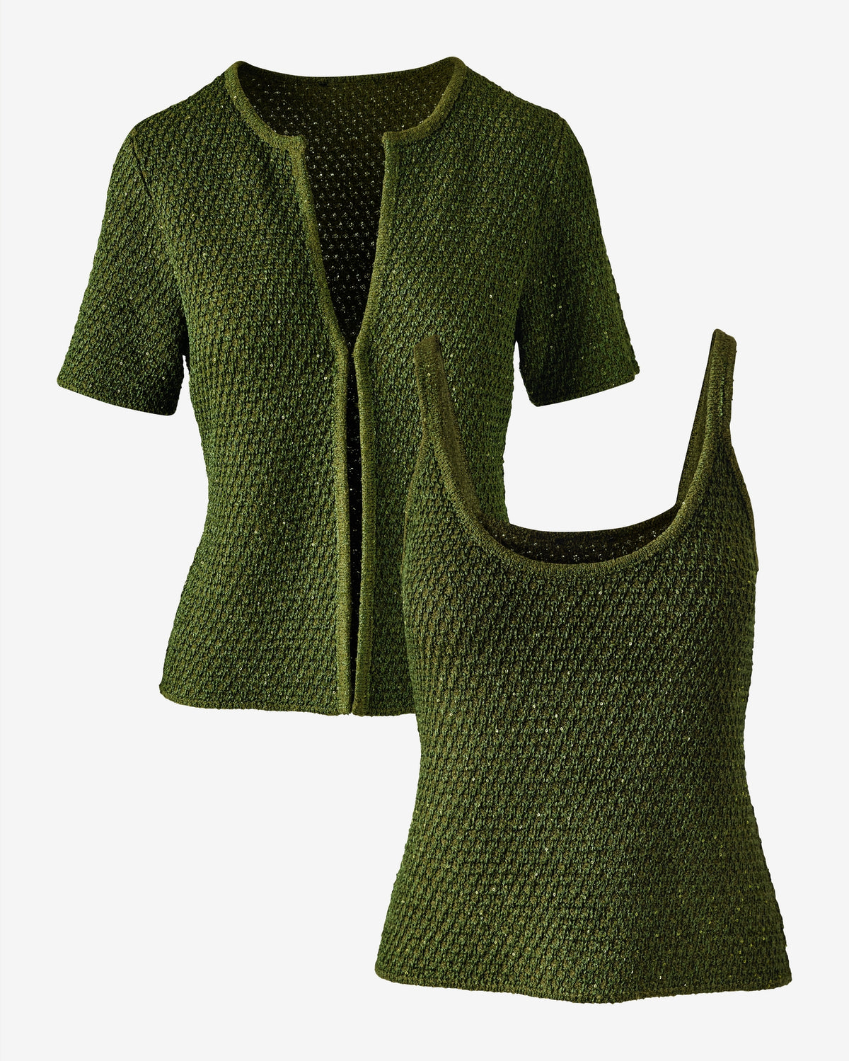 Sequin and Metallic Short Sleeve Cardigan & Tank Set Metallic Bronze Green