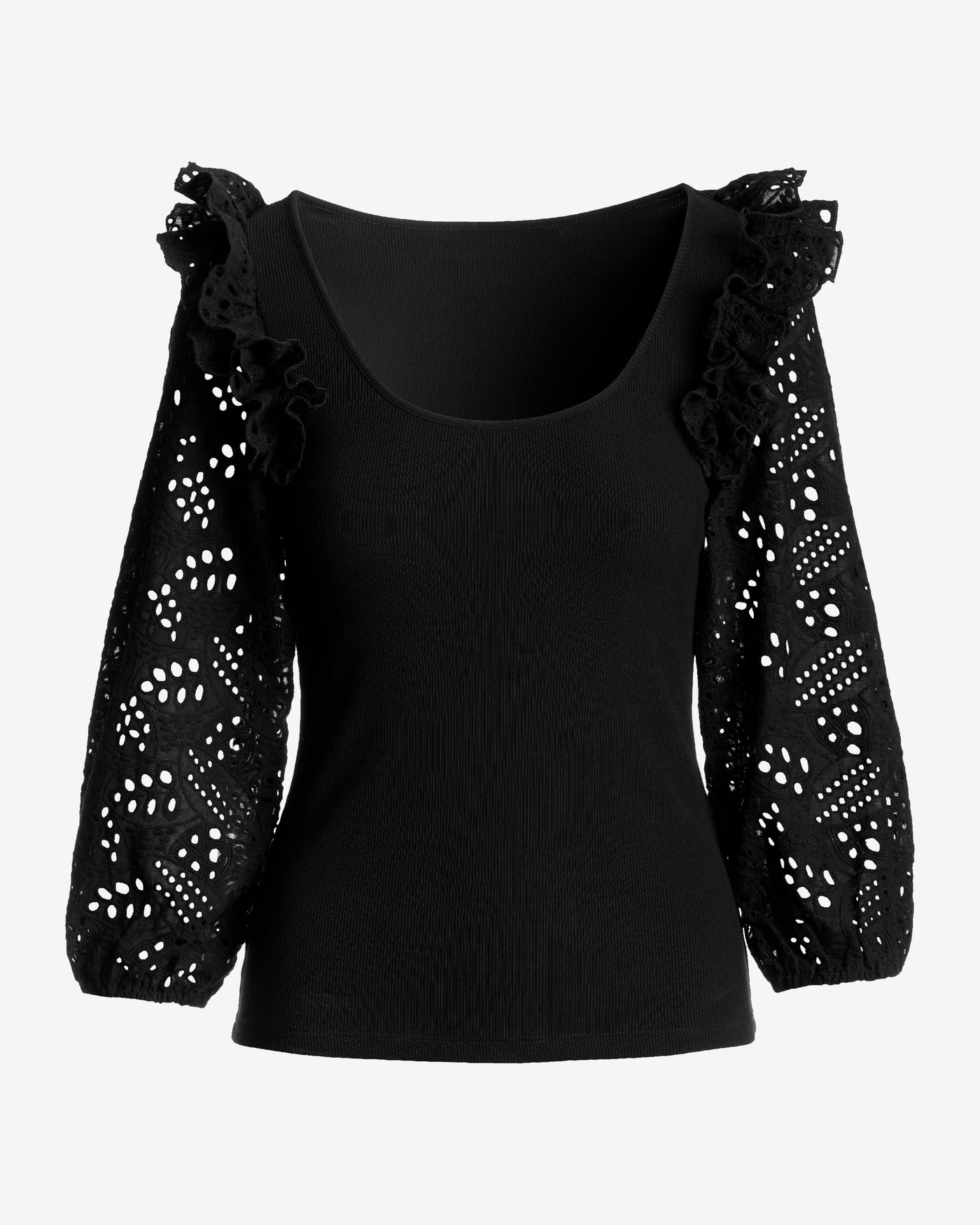 So Essential Ruffle Eyelet Sleeve Top Black