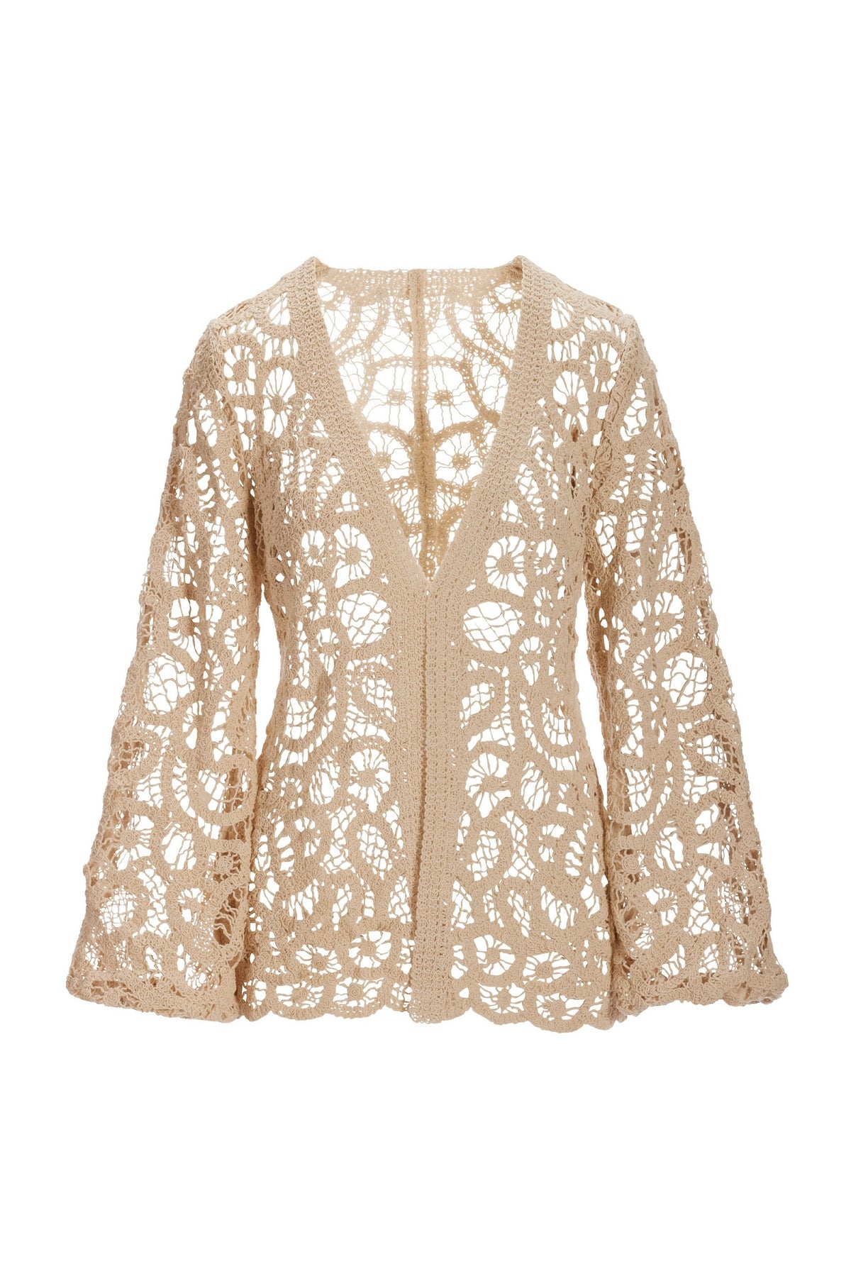 Transitional Balloon Sleeve Crochet Hip Length Duster Tan