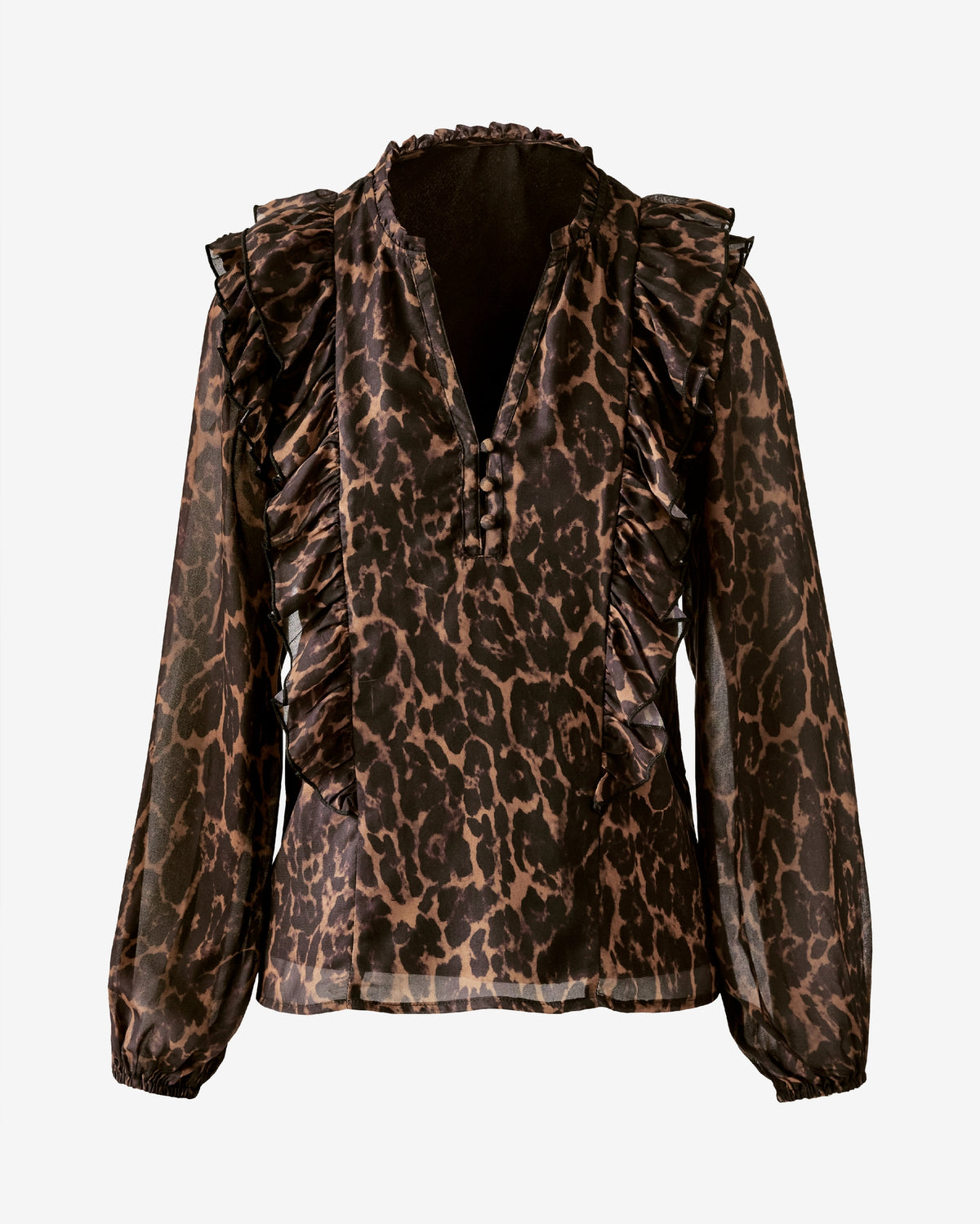Printed Multi Ruffle V Neck Blouse Leopard