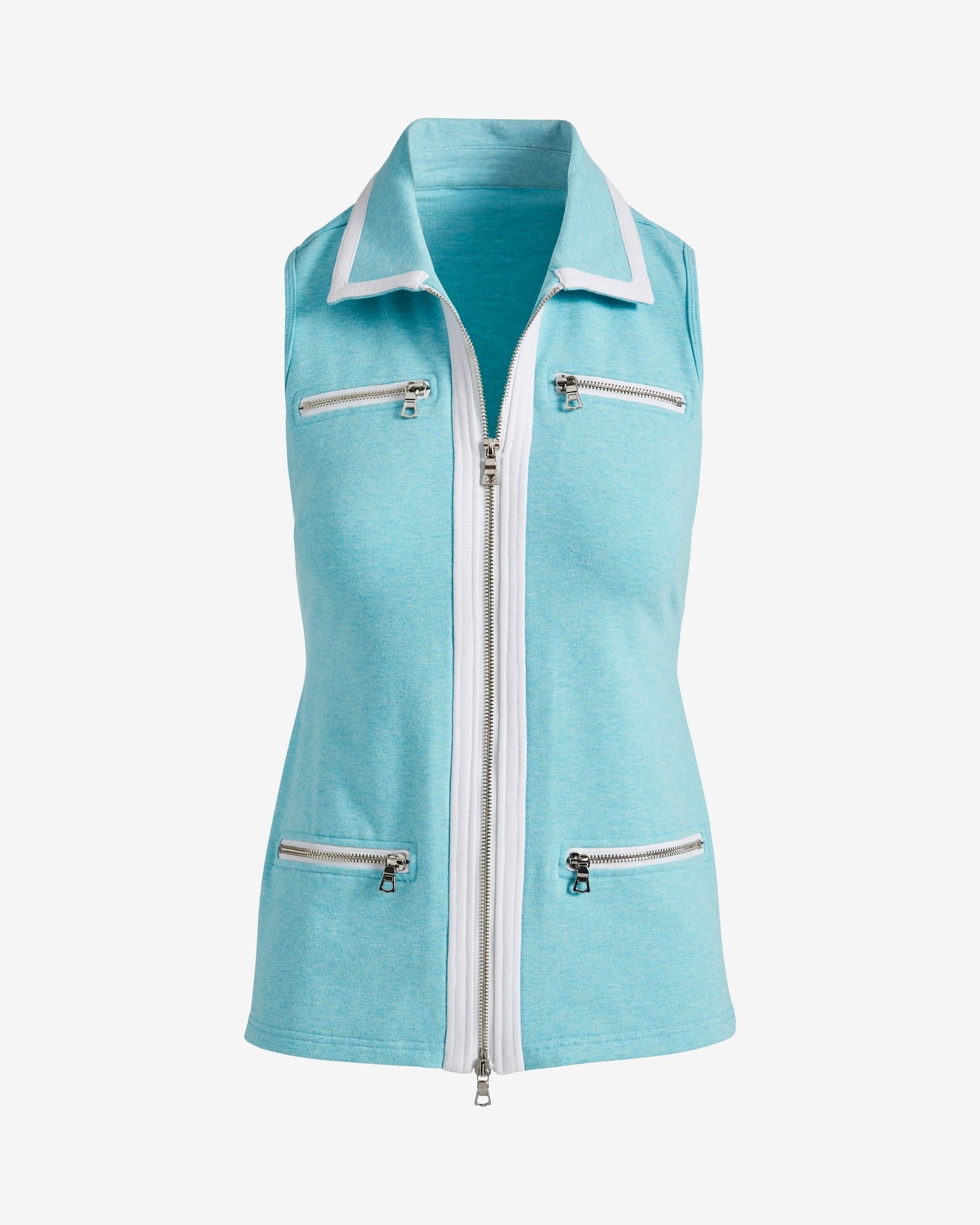 Chic Zip Sleeveless Collared Top Heather Blue
