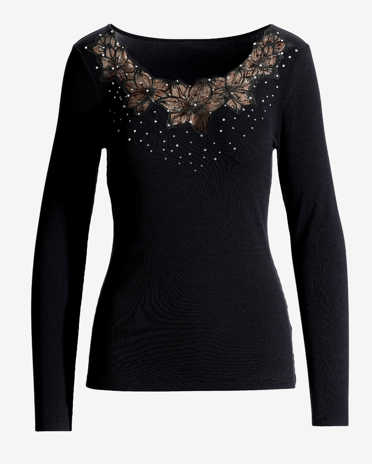 So Essential Mesh Floral Long Sleeve Ribbed Top Black