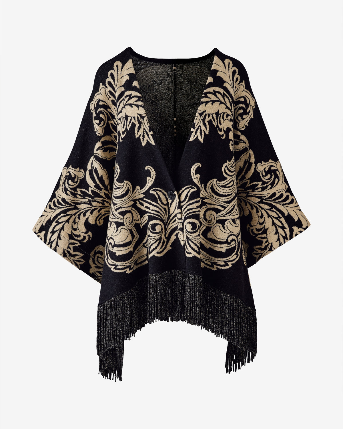 Fringe Intarsia Poncho Black/Gold