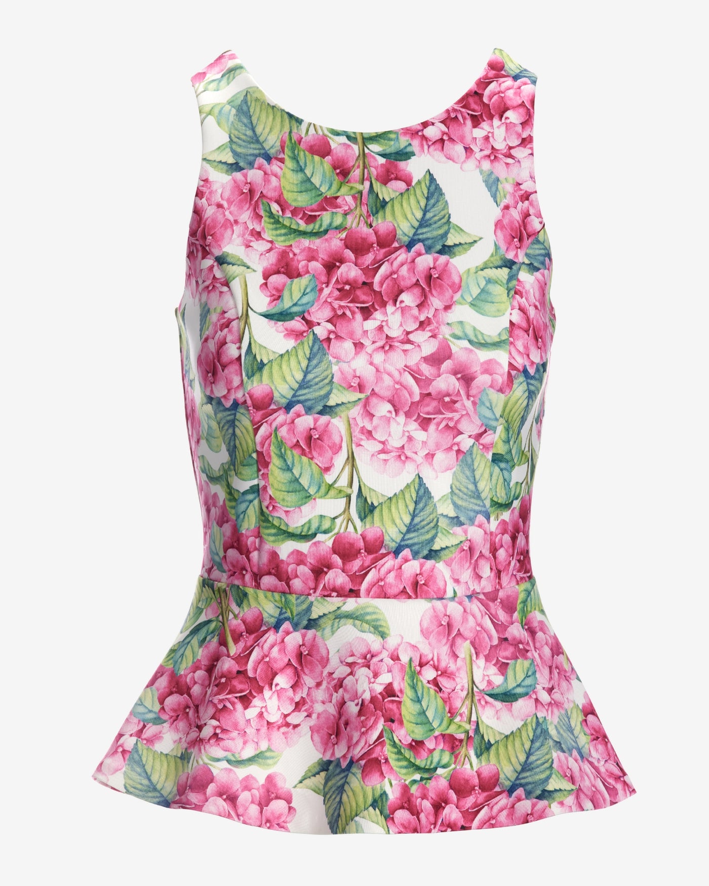 Hydrangea Fleurs Scuba Peplum High Neck Top Pink