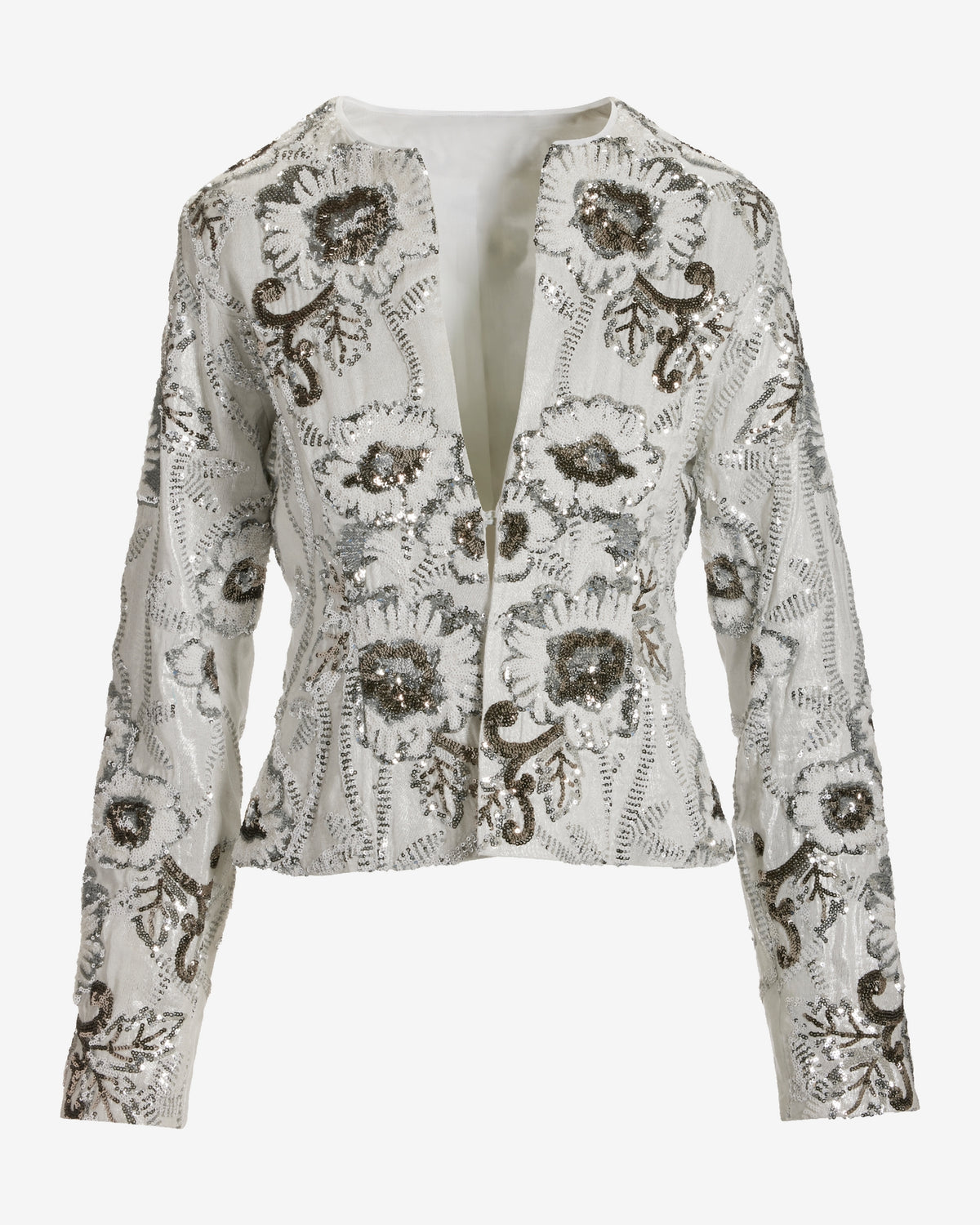 Floral Sequin Embellished Shimmer Linen Jacket White Silver